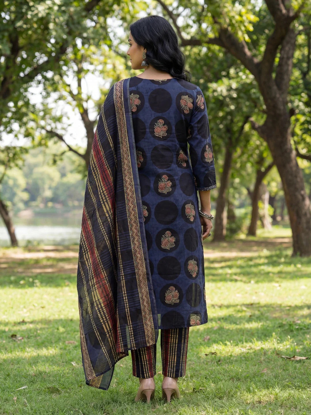Blue Cotton Straight Floral Print Kurta Trouser Dupatta Set