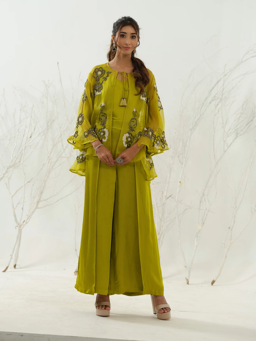 Lime Green Embroidered Cape Co Ord Set