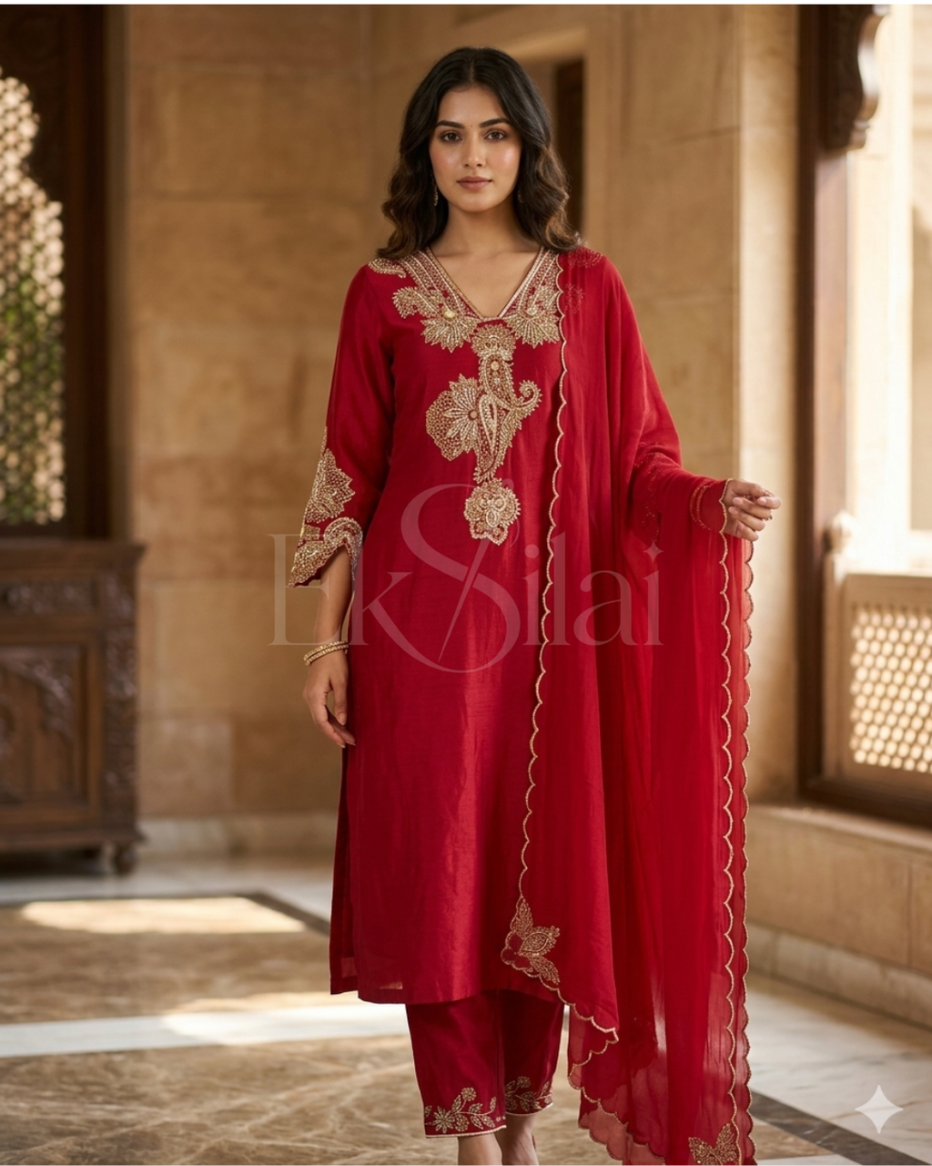 Pure Silk Chanderi Maroon Hand Embroidered Kurta Set