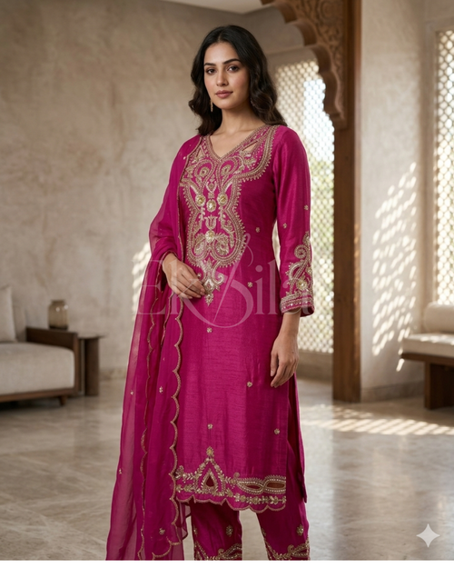 Fuchsia Pink Pure Silk Chanderi Hand-Embroidered Kurta Set
