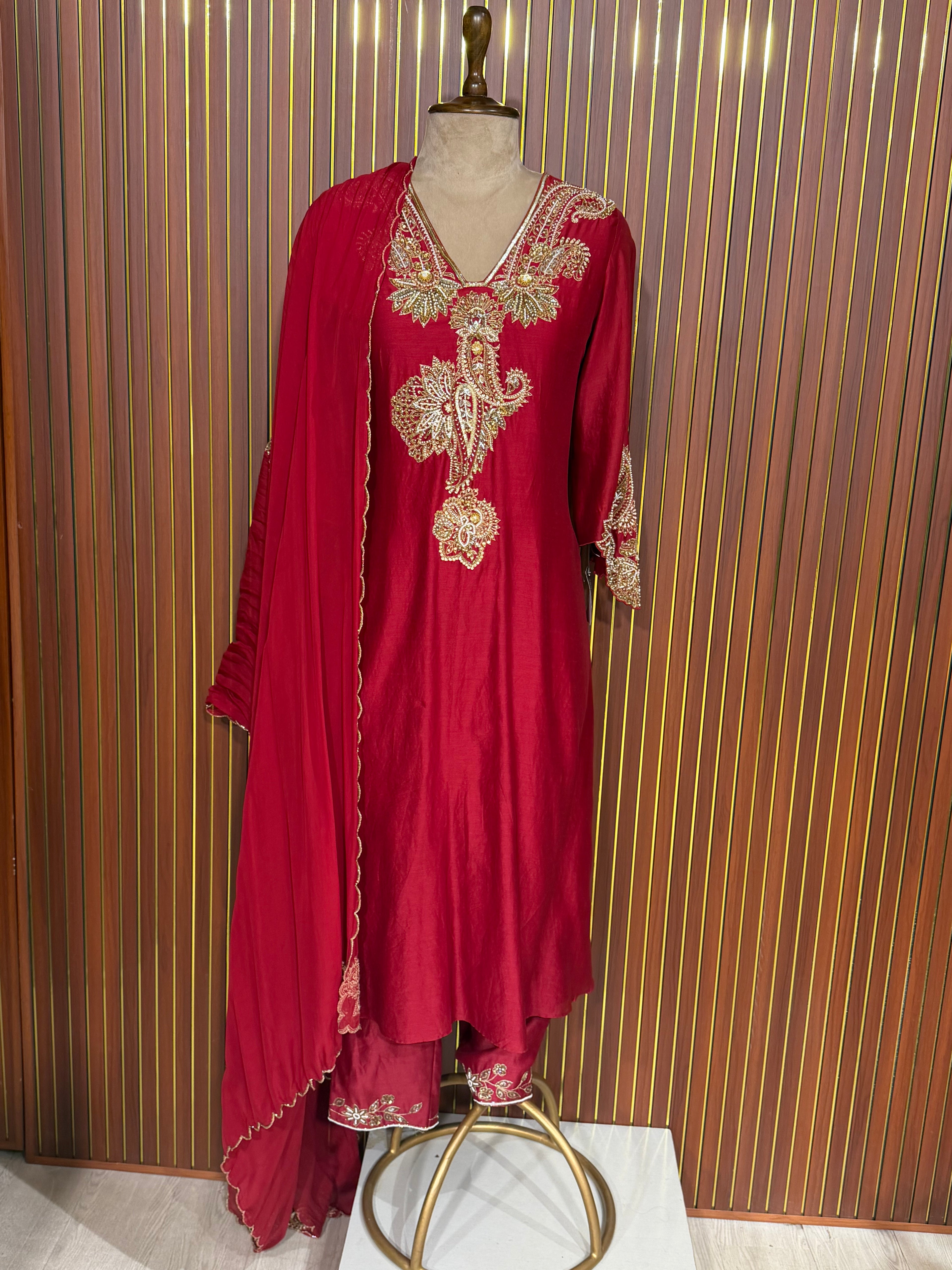 Pure Silk Chanderi Maroon Hand Embroidered Kurta Set