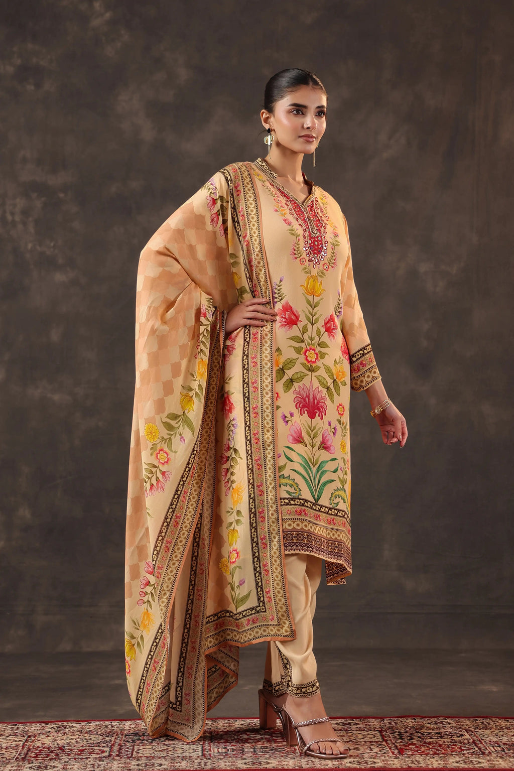 Beige Salwar Kameez Suit Set - Viscose Crepe