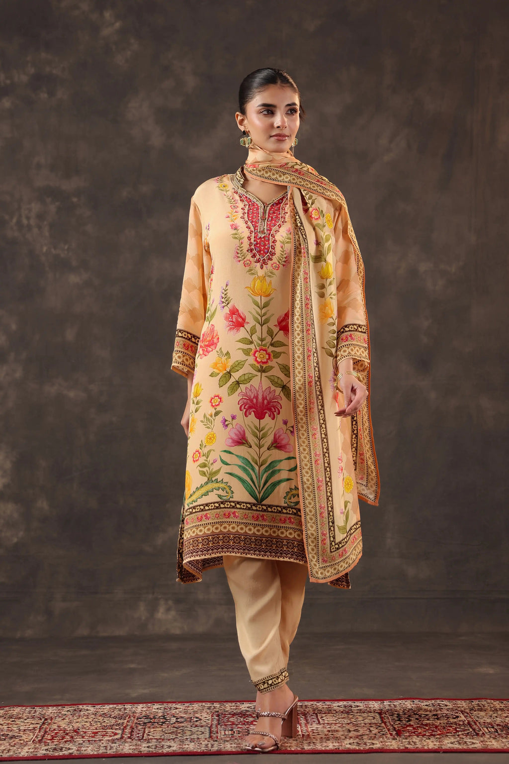 Beige Salwar Kameez Suit Set - Viscose Crepe