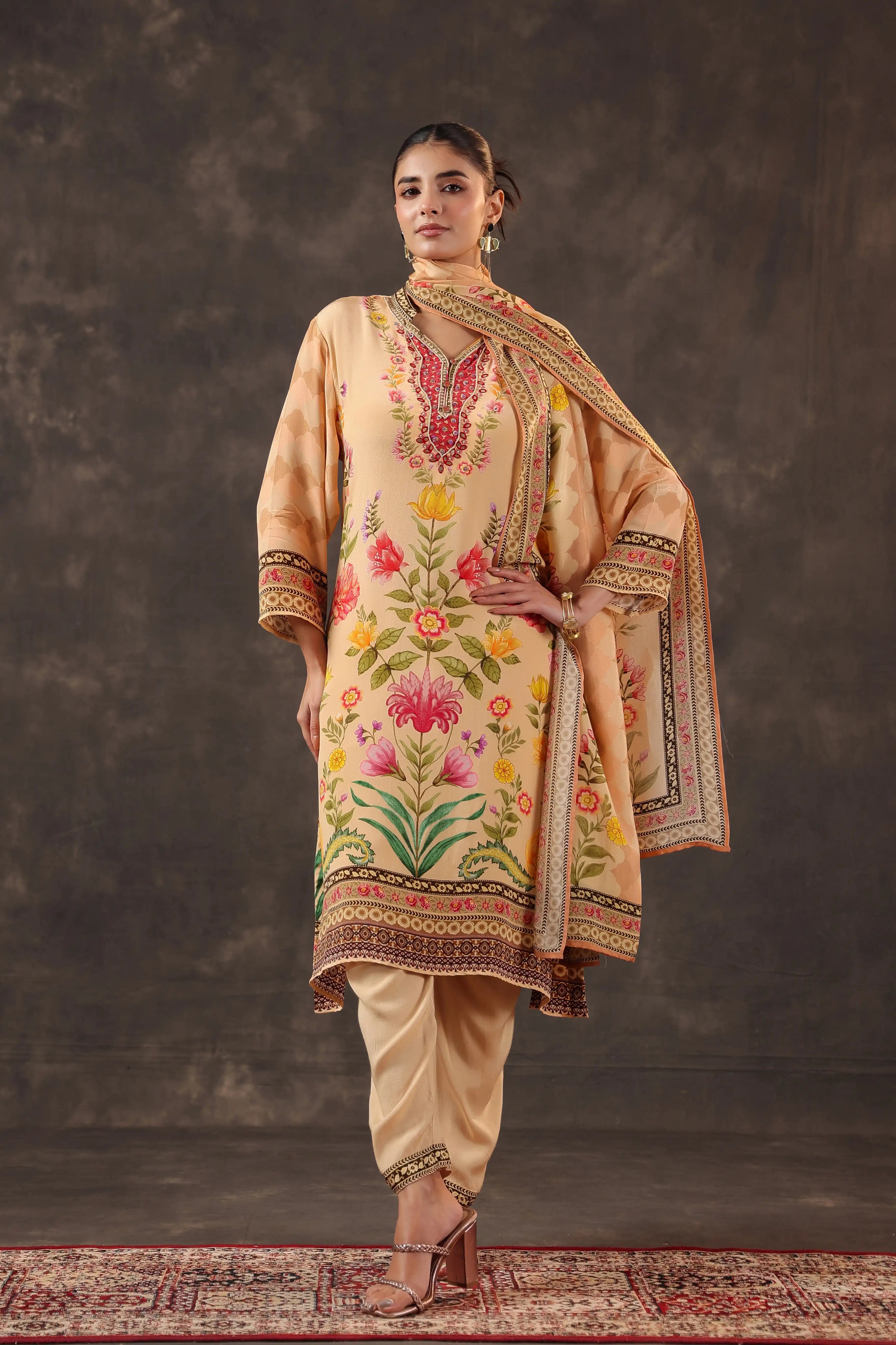 Beige Salwar Kameez Suit Set - Viscose Crepe