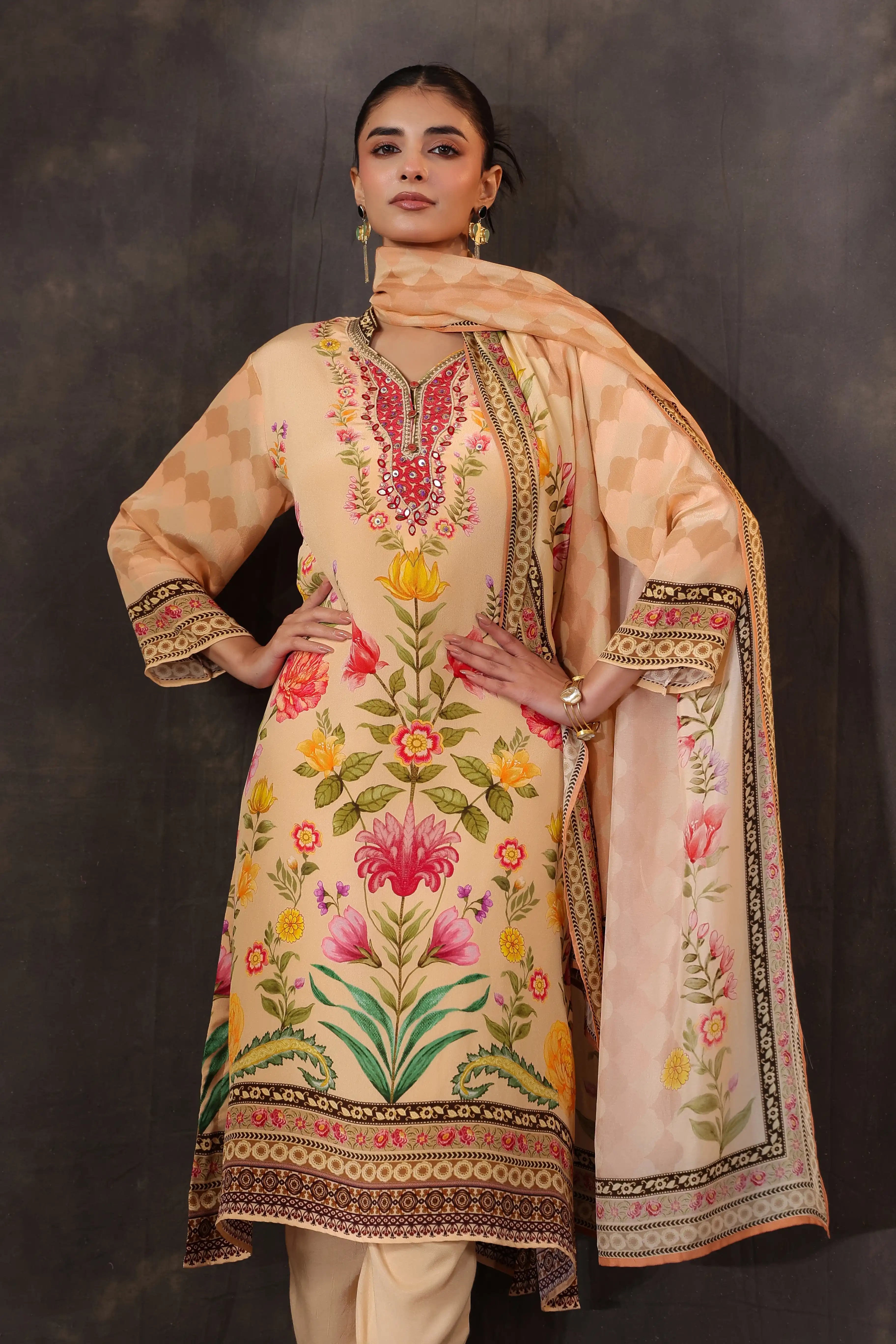 Beige Salwar Kameez Suit Set - - Beige Material: – Top : Viscose Crepe