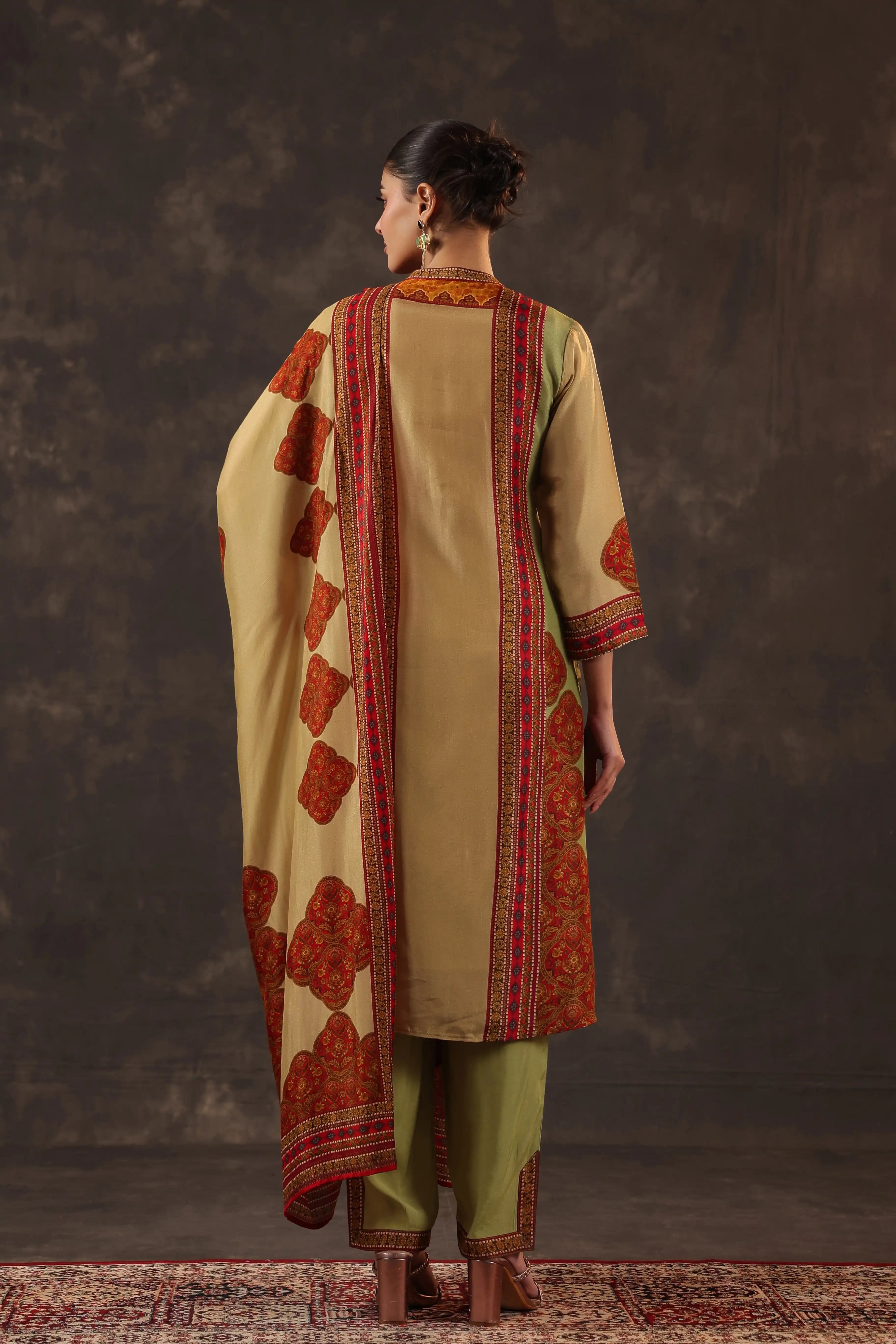 Olive Green & Red Salwar Kameez Suit Set - Russian Silk