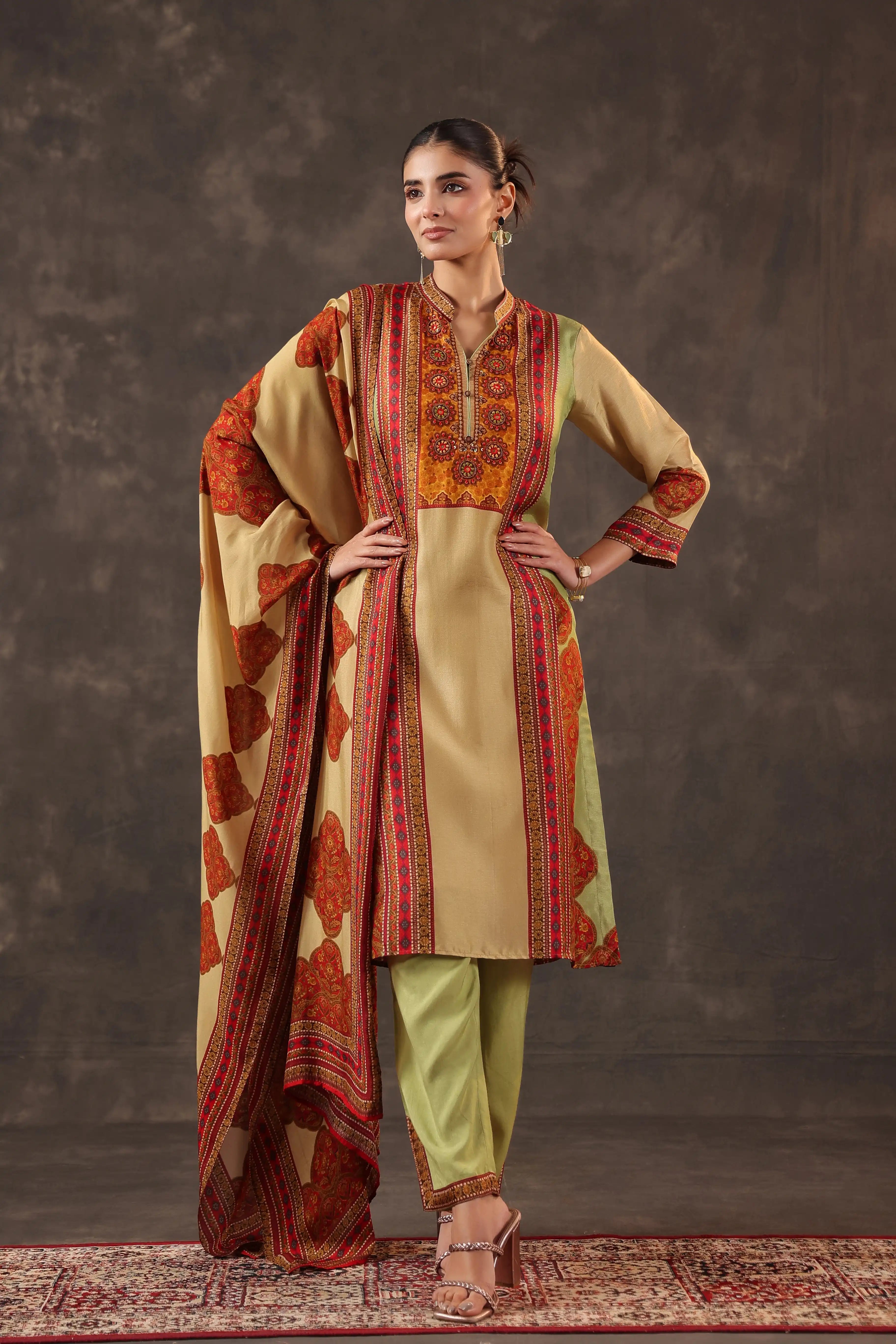 Olive Green & Red Salwar Kameez Suit Set - Russian Silk