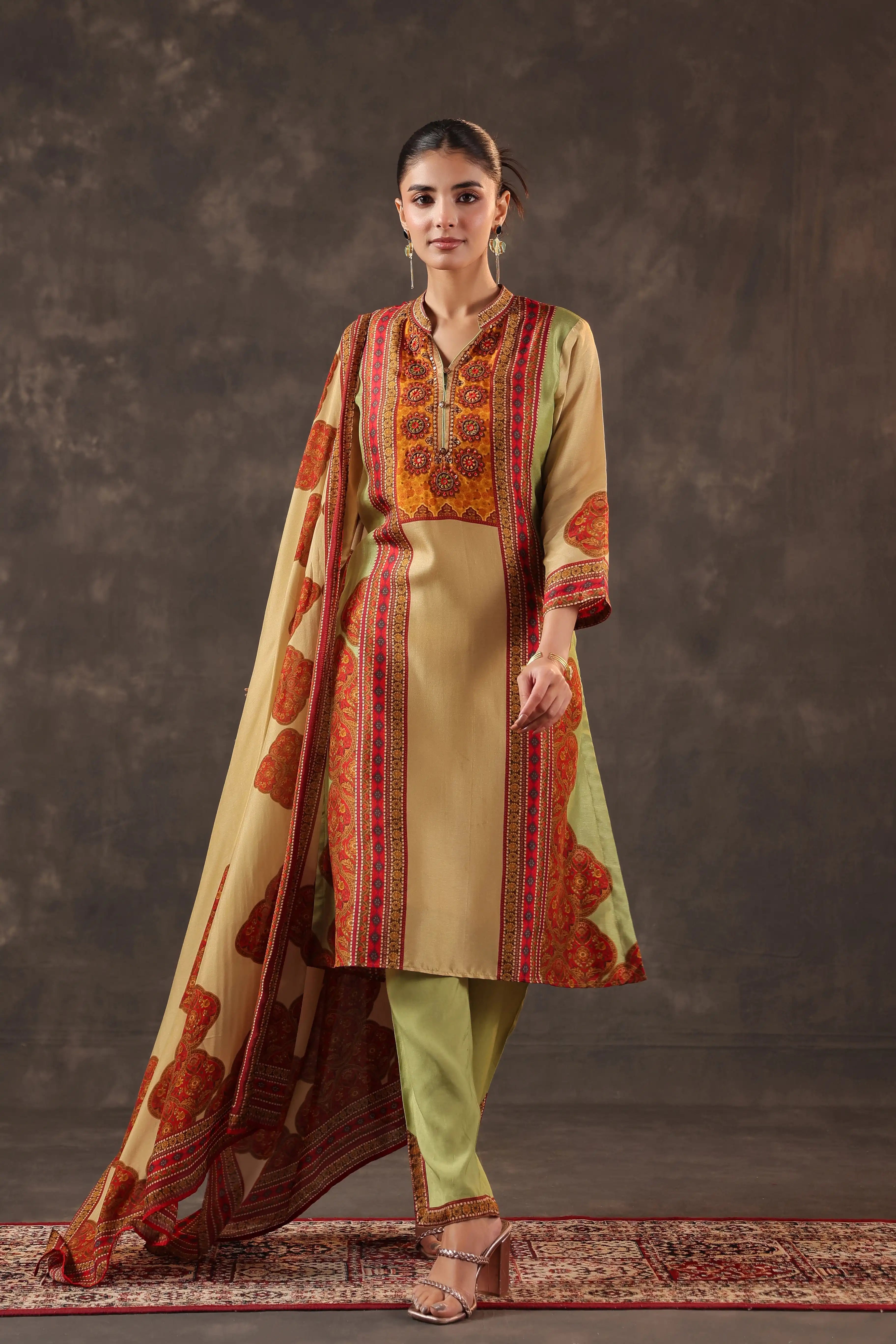 Olive Green & Red Salwar Kameez Suit Set - - Olive Green & Red Material: –Top : Russian Silk