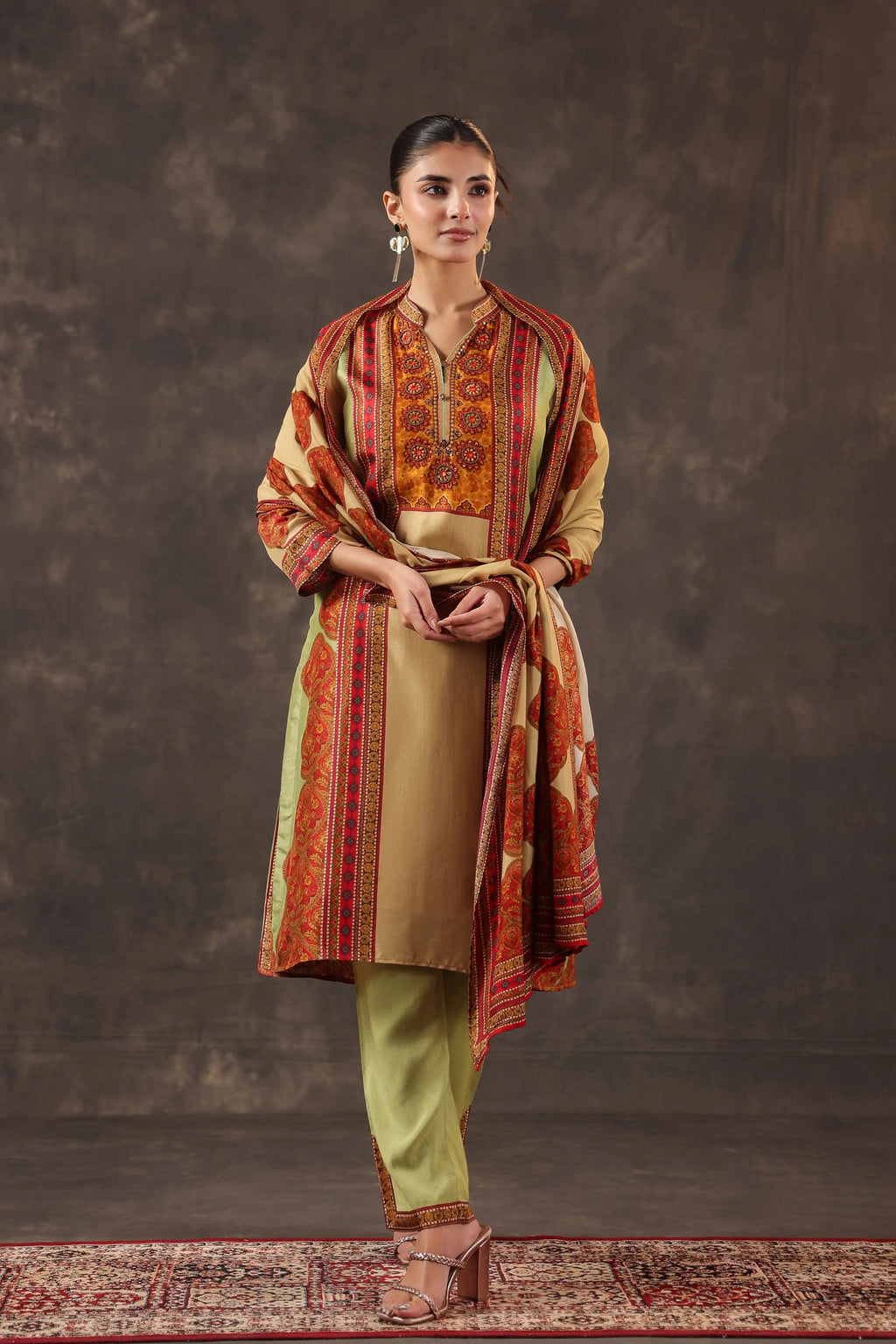 Olive Green & Red Salwar Kameez Suit Set - Russian Silk