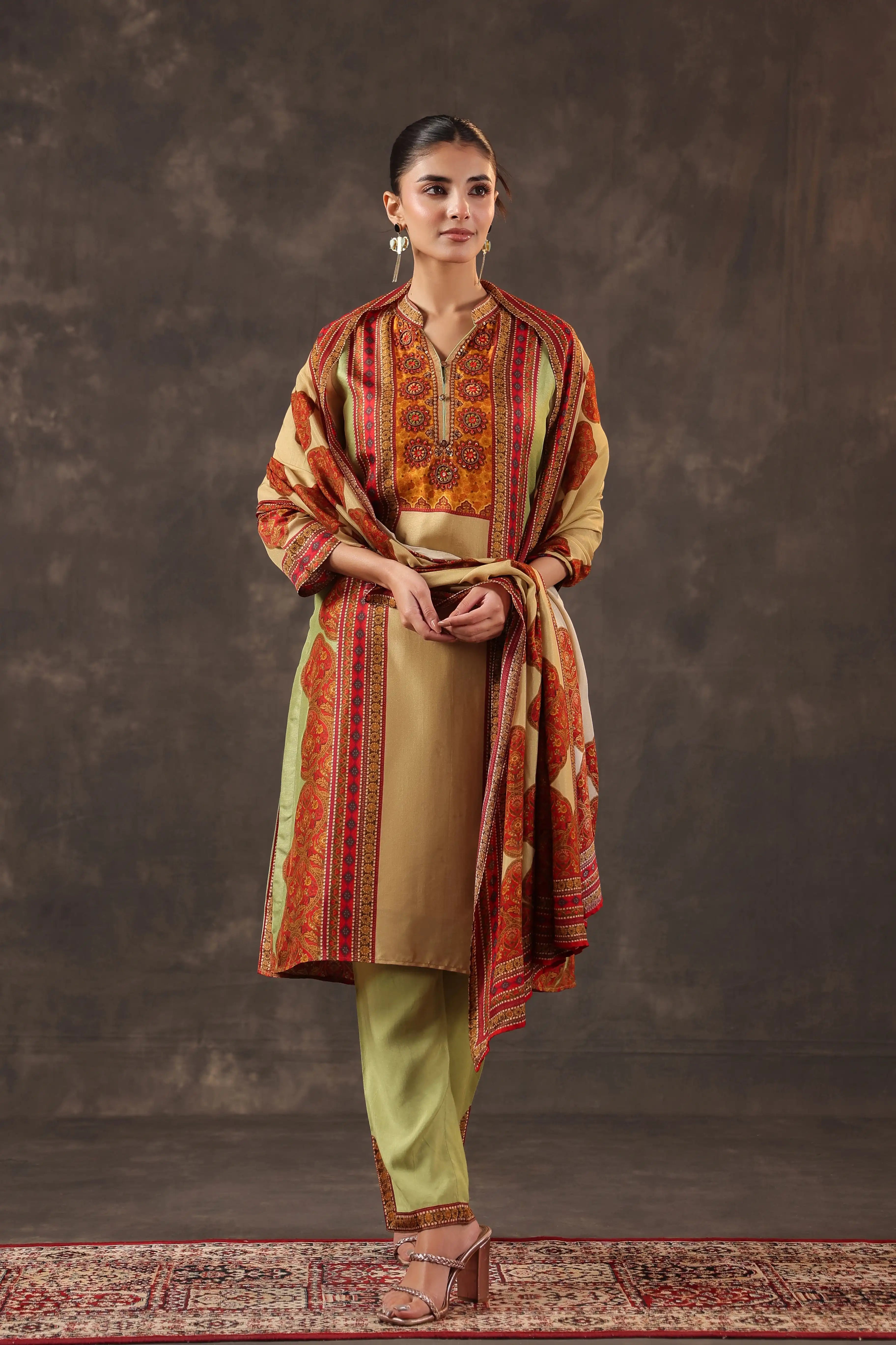 Olive Green & Red Salwar Kameez Suit Set - Russian Silk