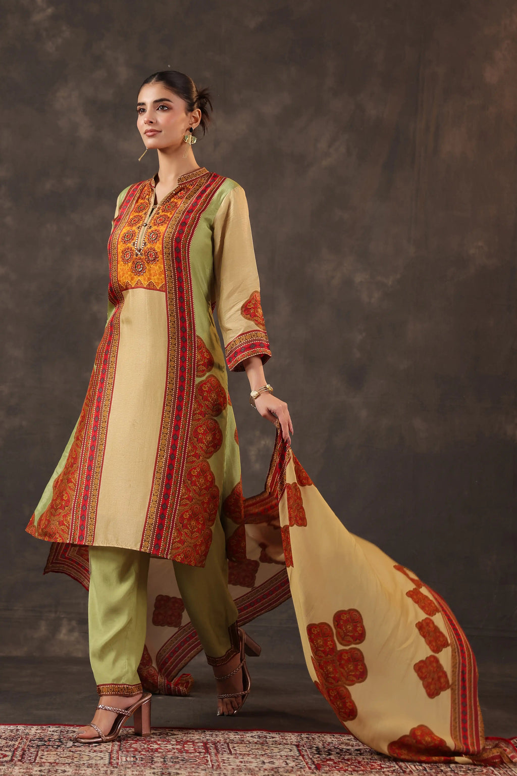Olive Green & Red Salwar Kameez Suit Set - Russian Silk
