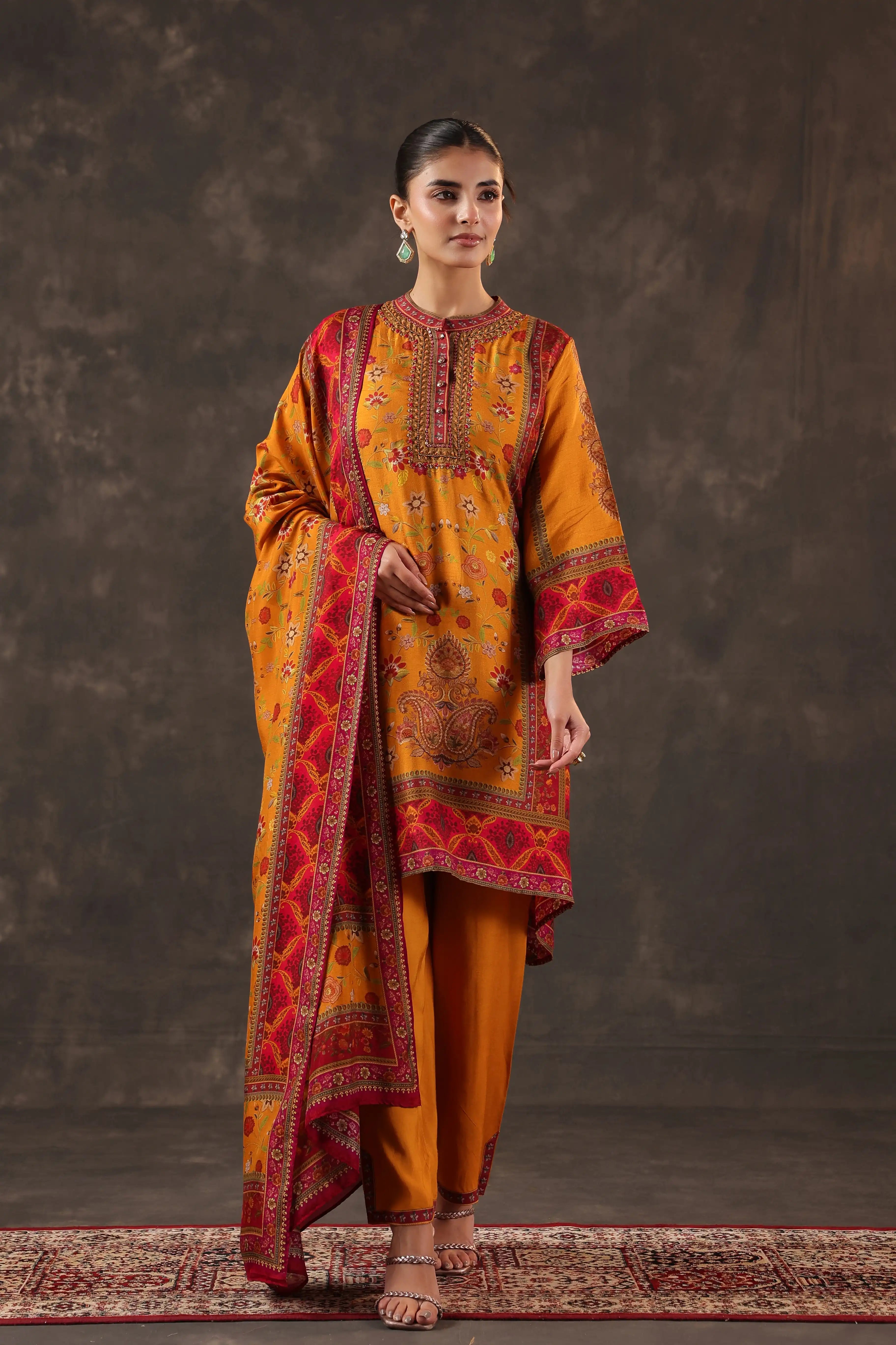Mustard & Red Salwar Kameez Suit Set