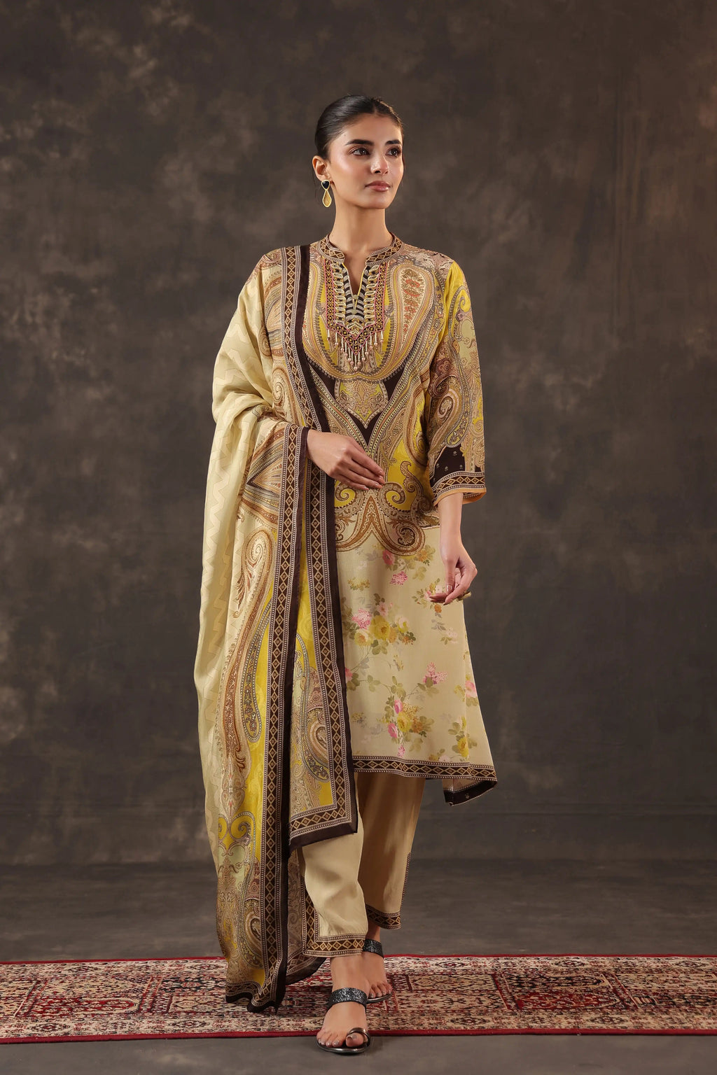 Beige Salwar Kameez Suit Set - Viscose Crepe