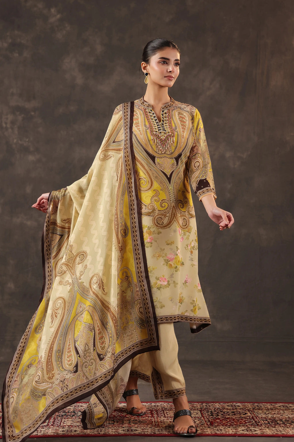 Beige Salwar Kameez Suit Set - Viscose Crepe