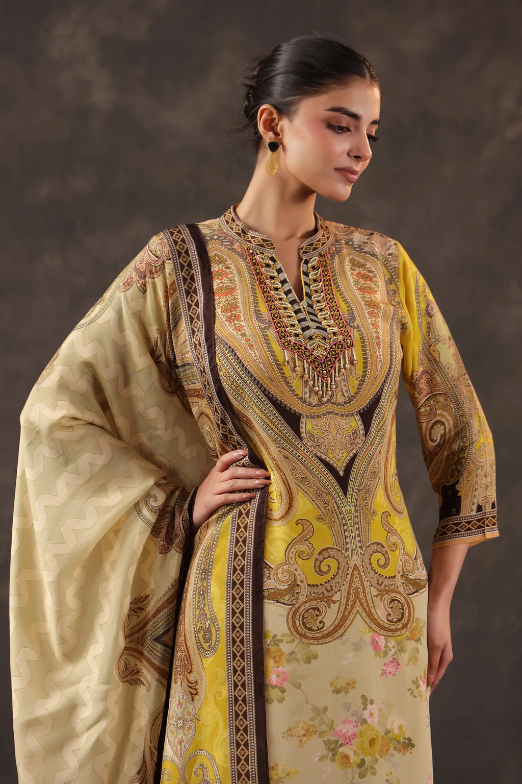 Beige Salwar Kameez Suit Set - Viscose Crepe