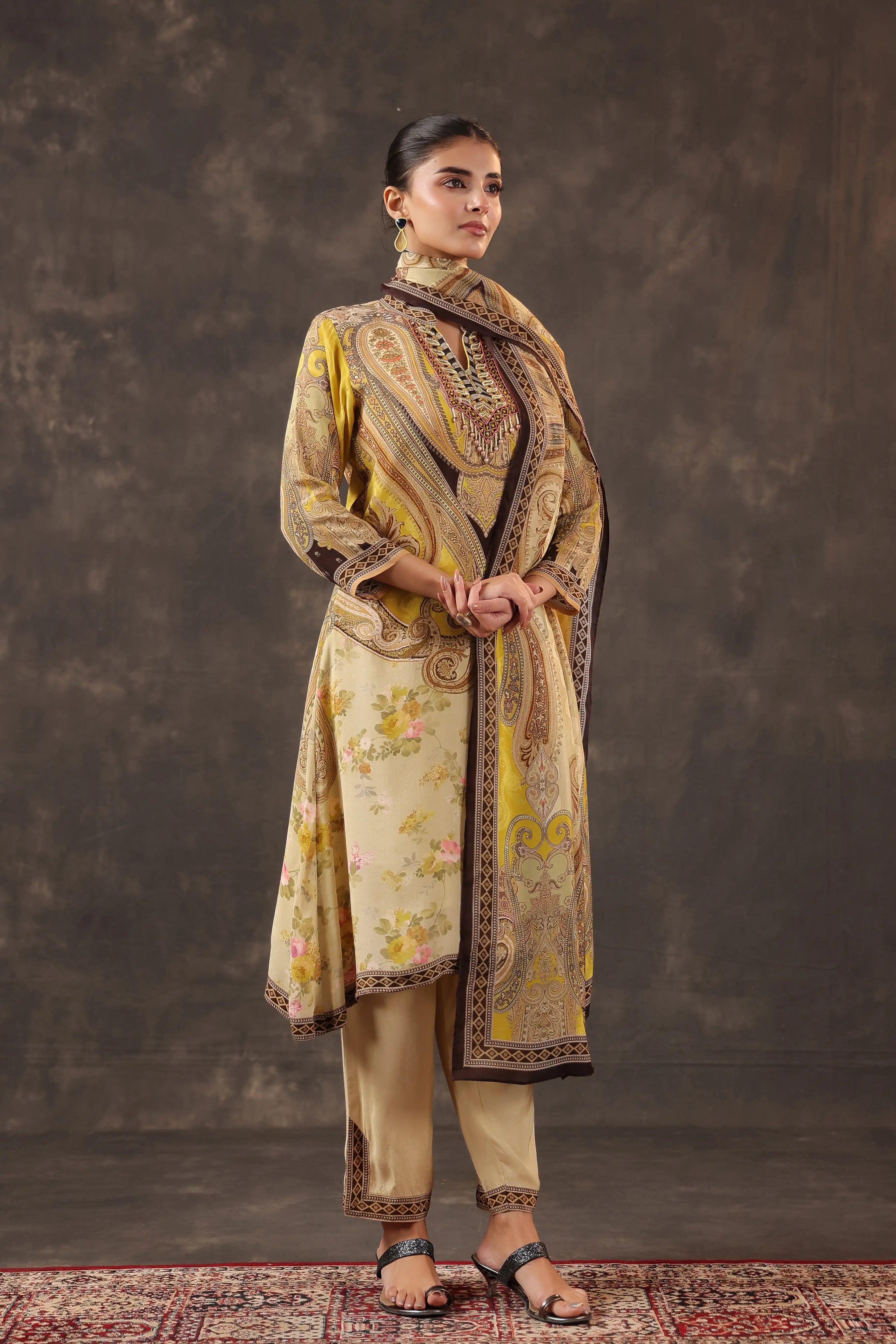 Beige Salwar Kameez Suit Set - Viscose Crepe