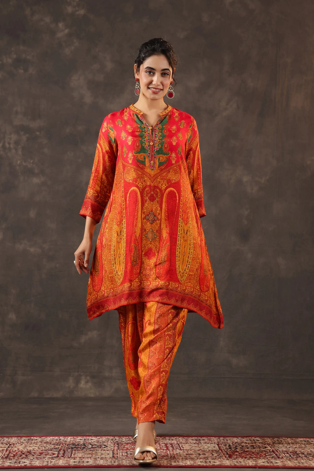 Printed A-Line Traditional Kurti - Orange