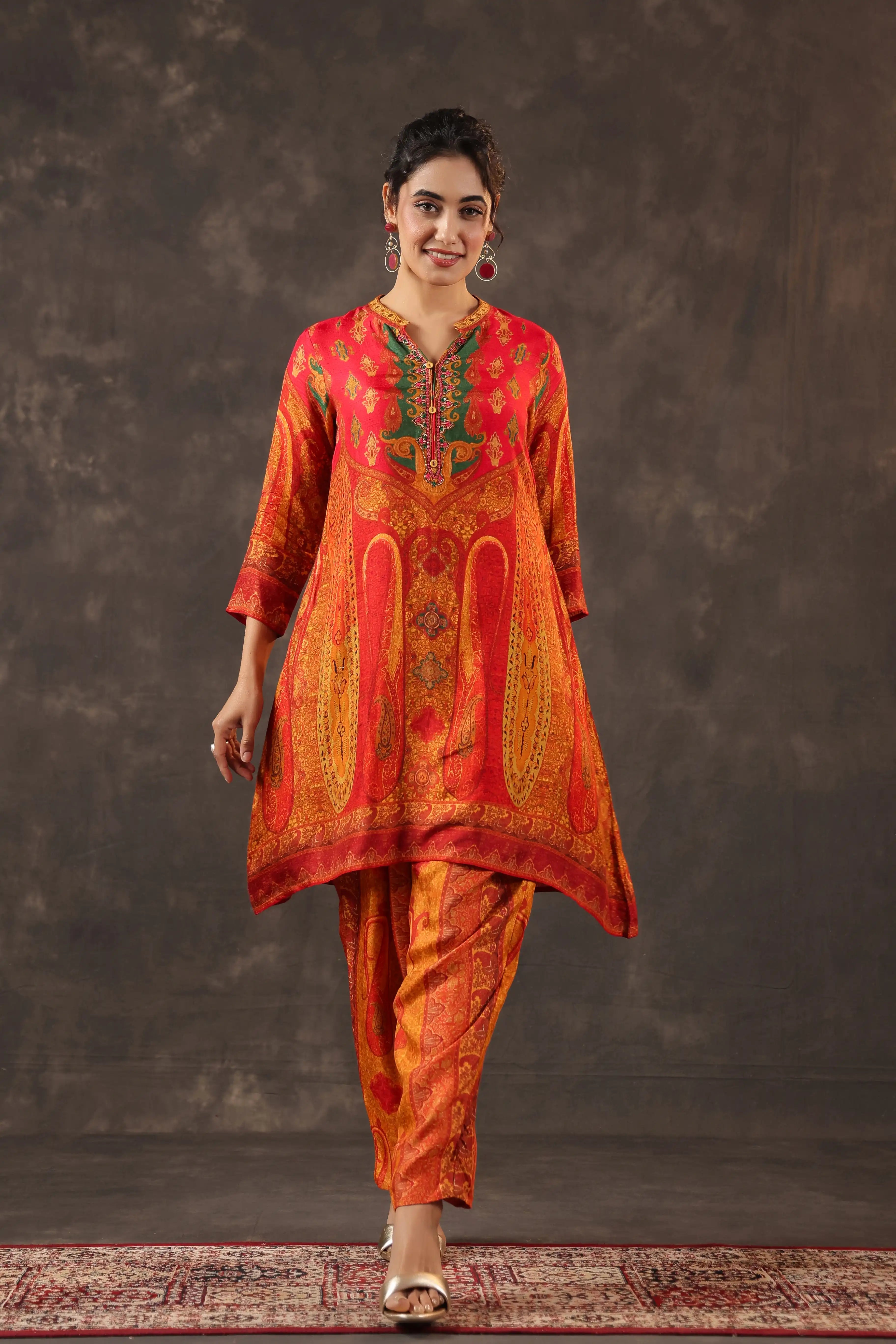 Printed A-Line Traditional Kurti - Orange