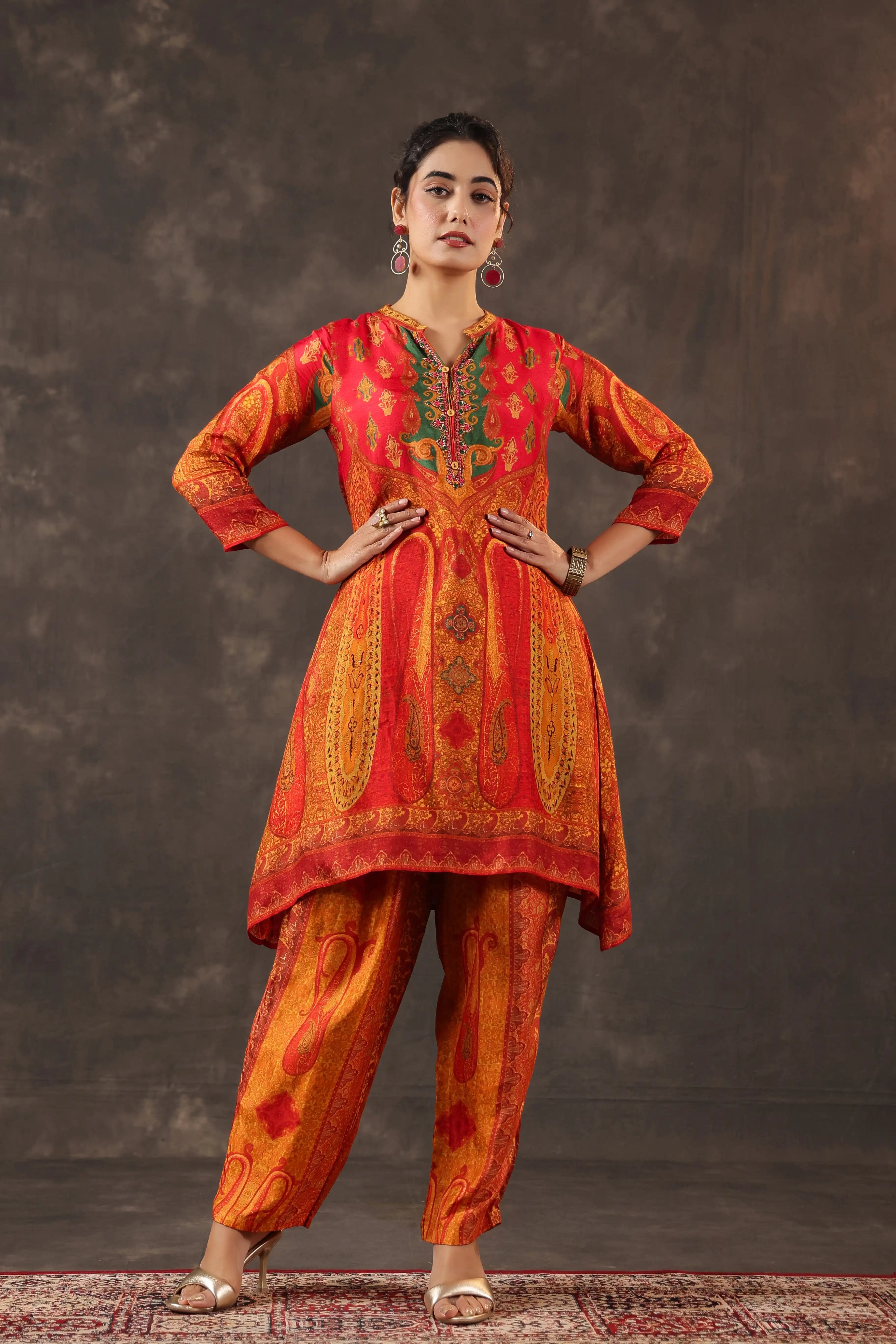 Printed A-Line Traditional Kurti - Orange