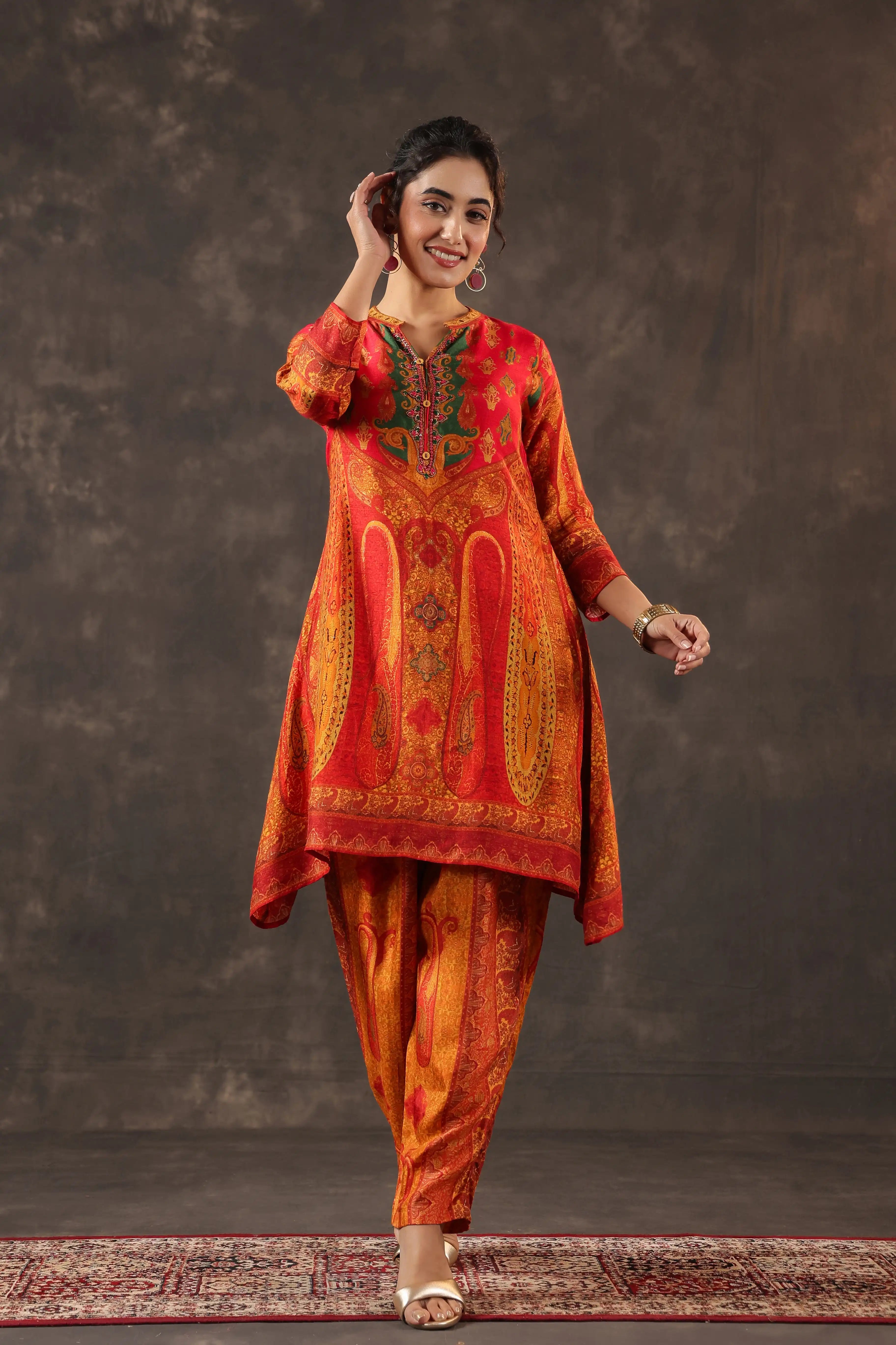 Printed A-Line Traditional Kurti - Orange
