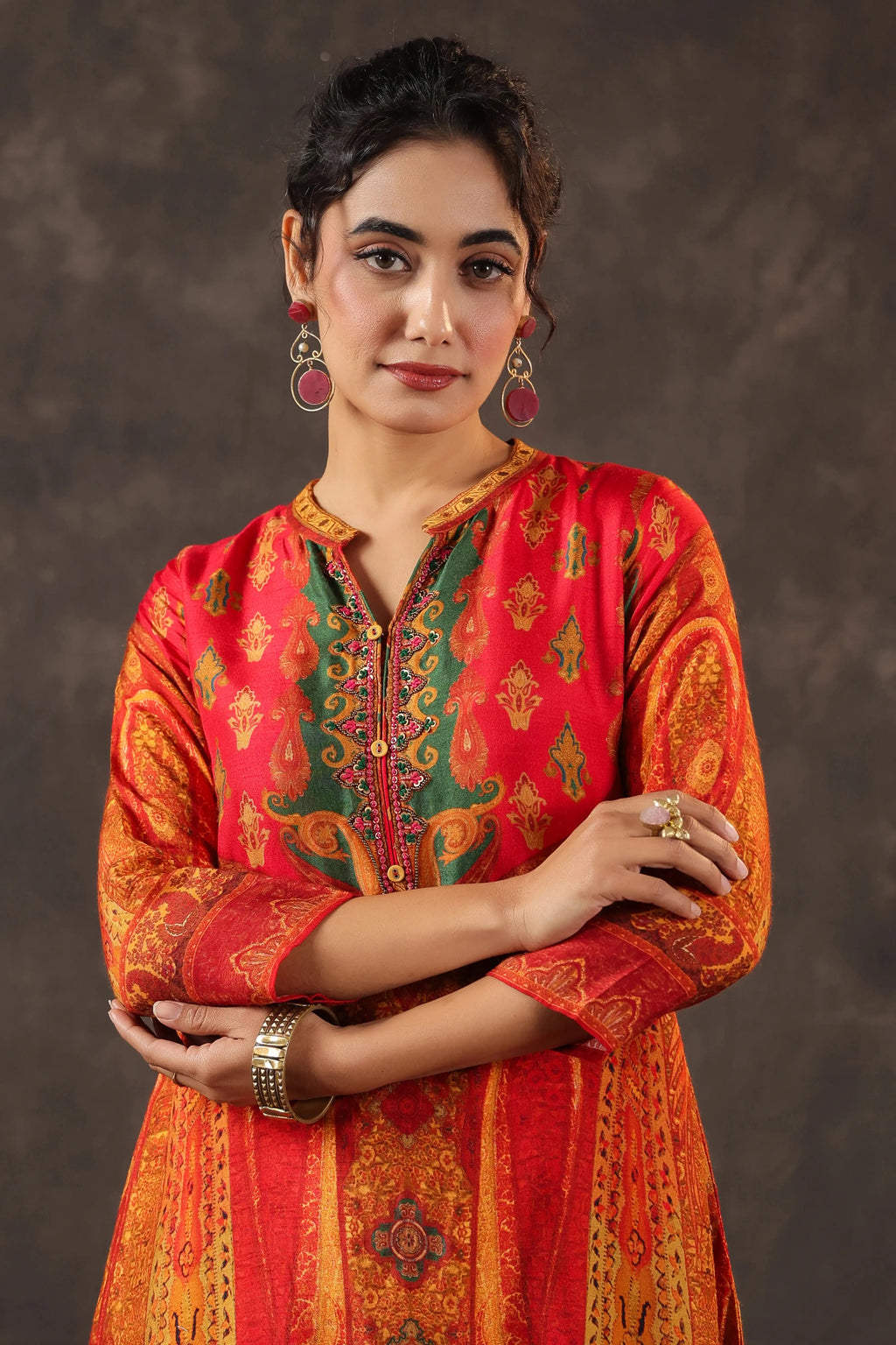 Printed A-Line Traditional Kurti - Orange