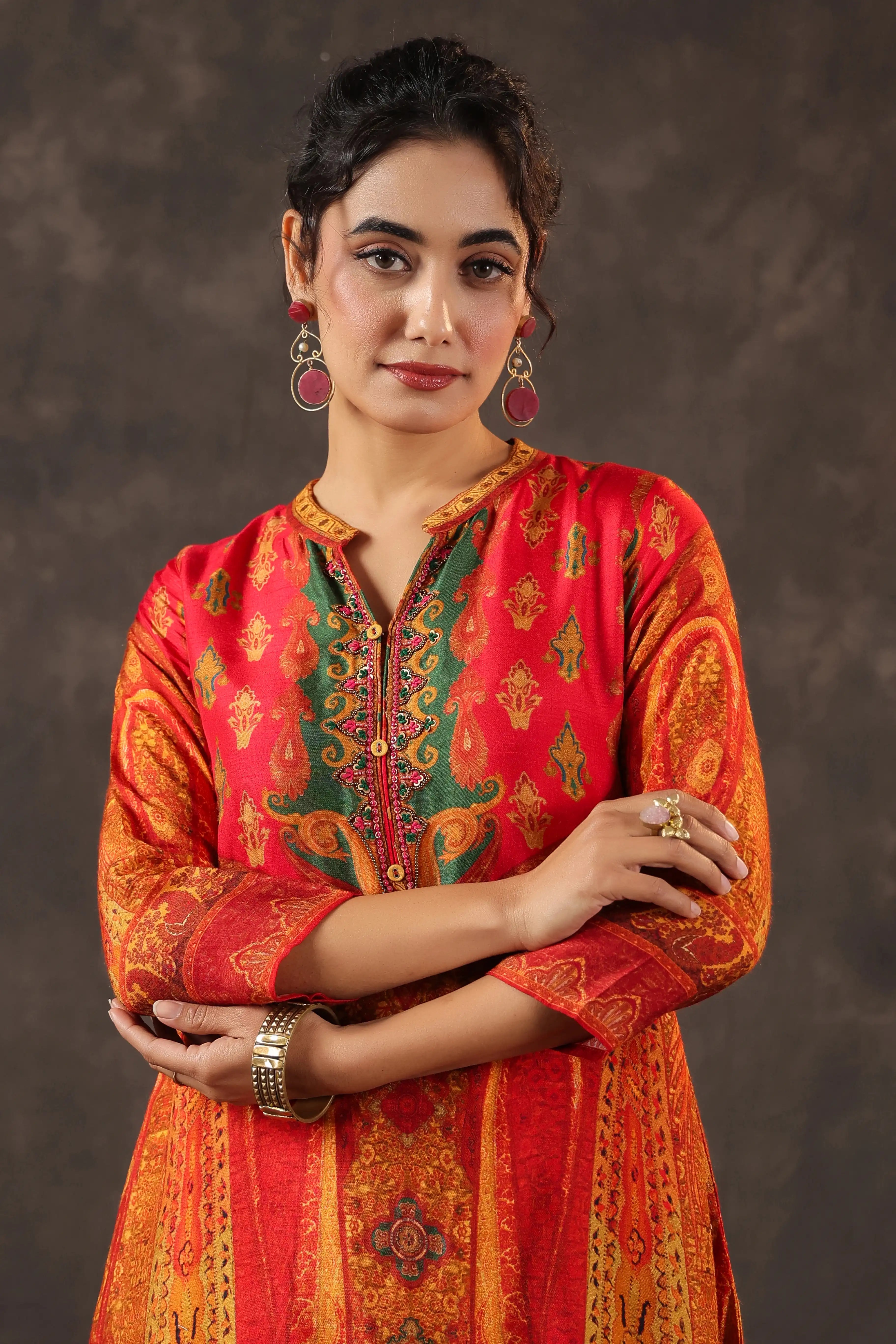 Printed A-Line Traditional Kurti - Orange