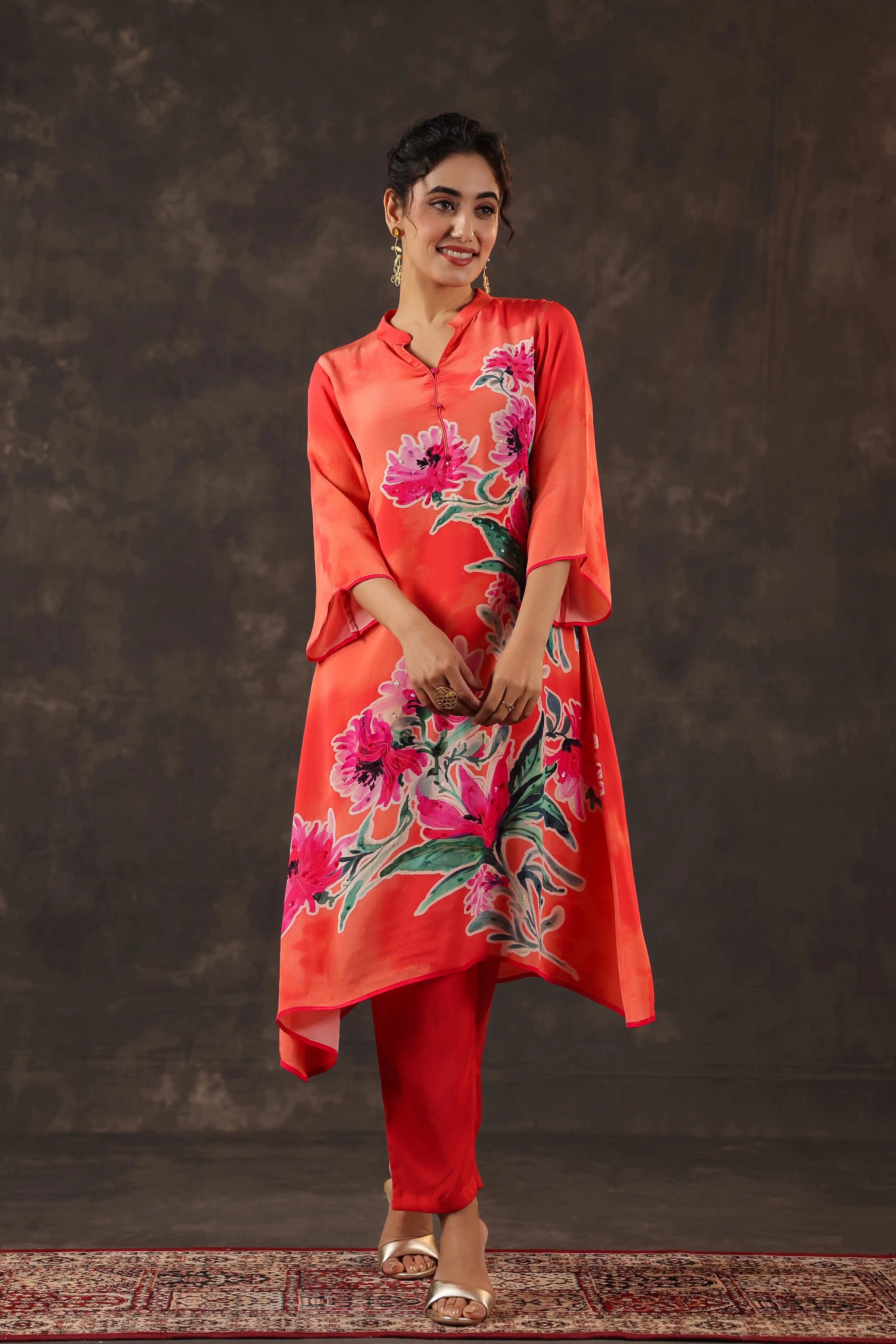 Printed Floral Kurti - Orange