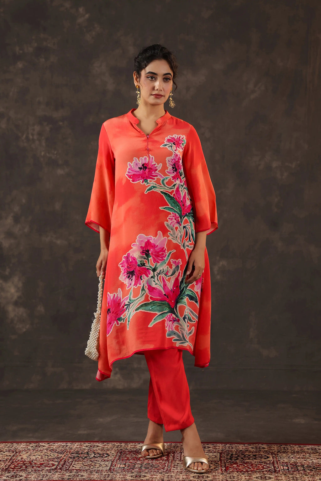 Printed Floral Kurti - Orange