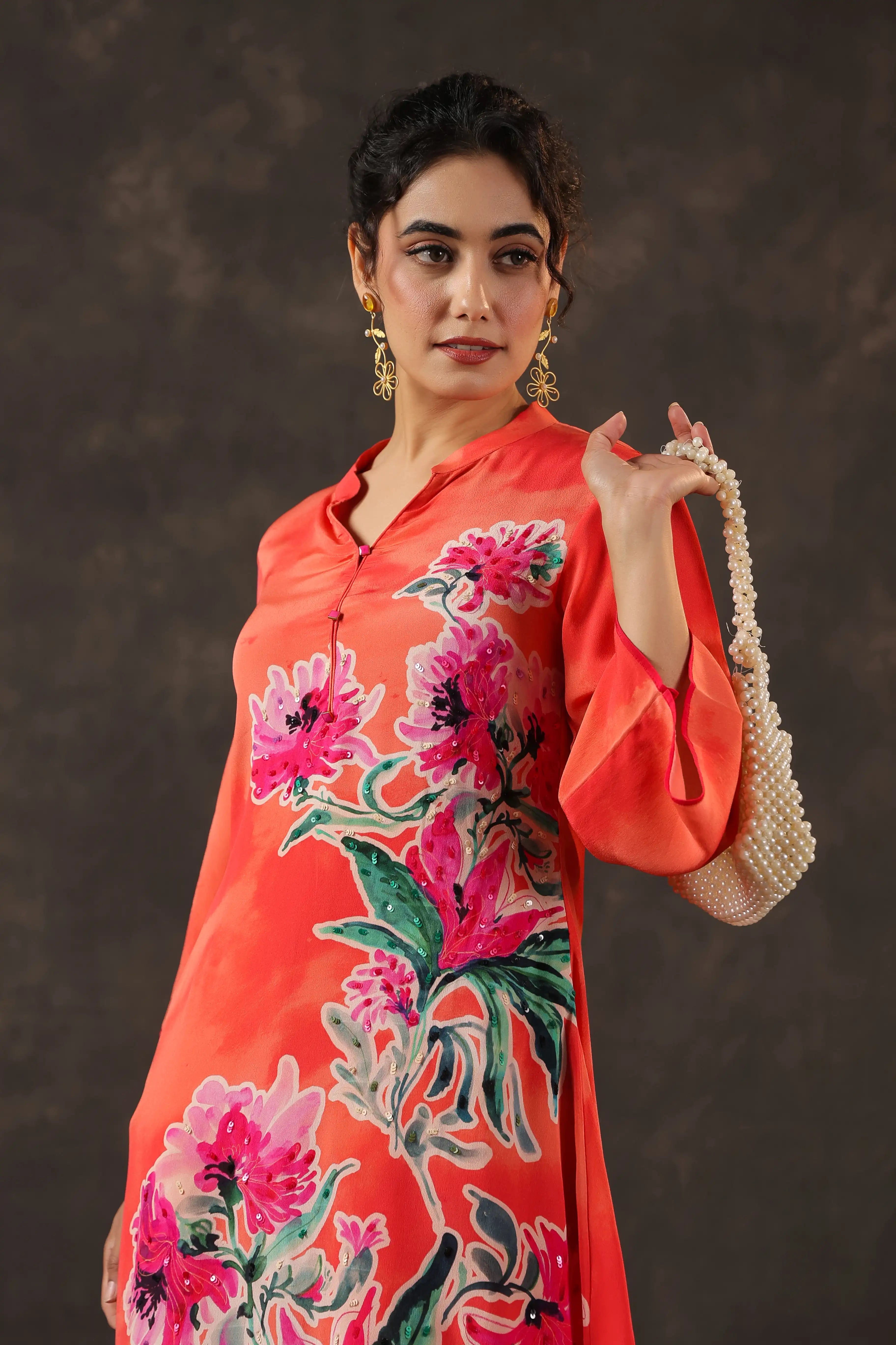 Printed Floral Kurti - Orange