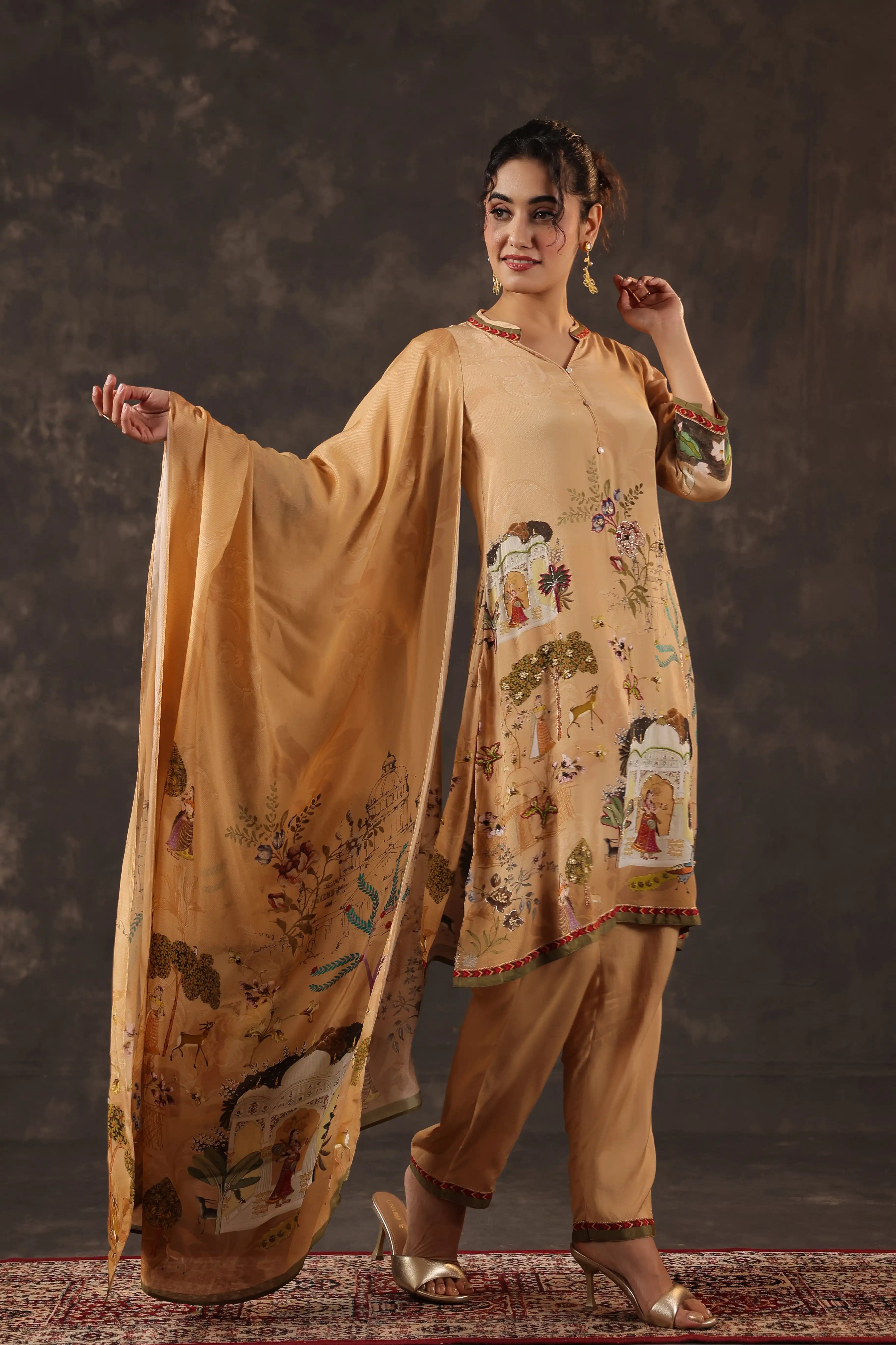 Beige Salwar Kameez Suit Set - Viscose Crepe