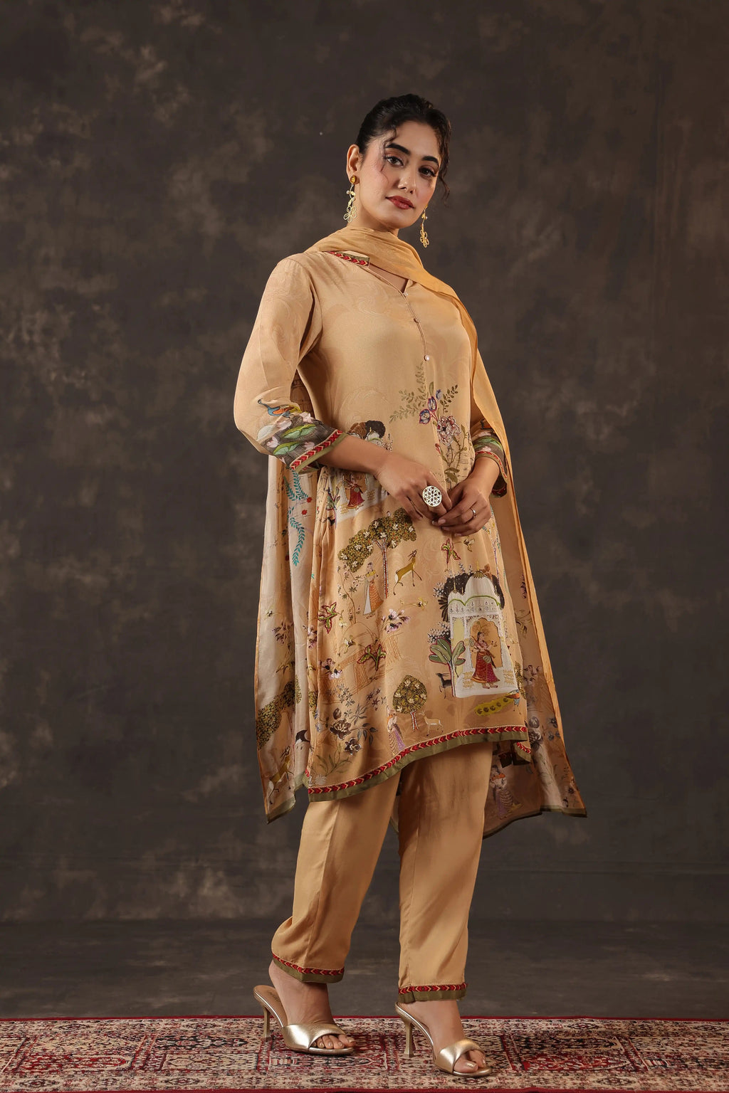 Beige Salwar Kameez Suit Set - Viscose Crepe