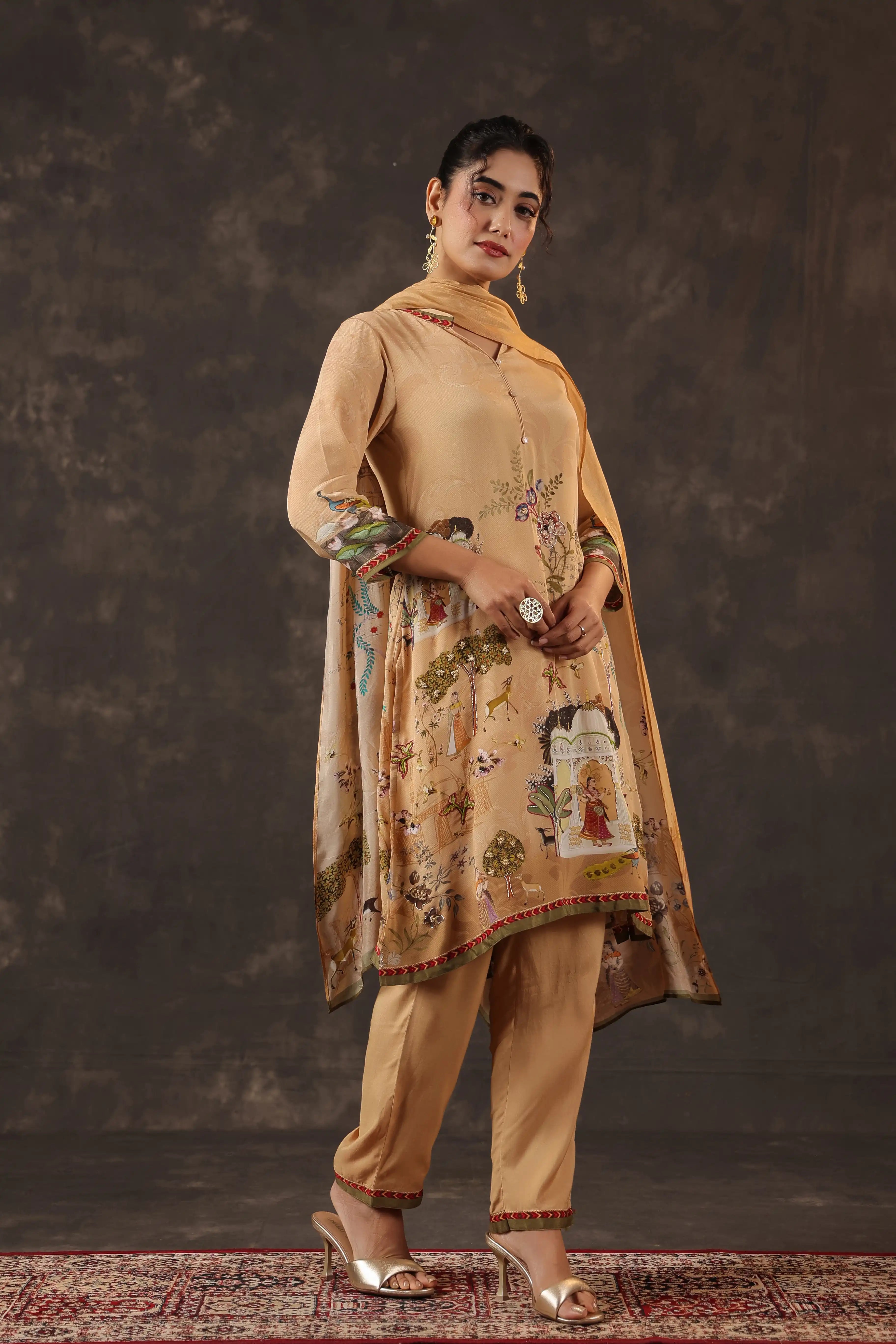 Beige Salwar Kameez Suit Set - - Beige Material: – Top : Viscose Crepe
