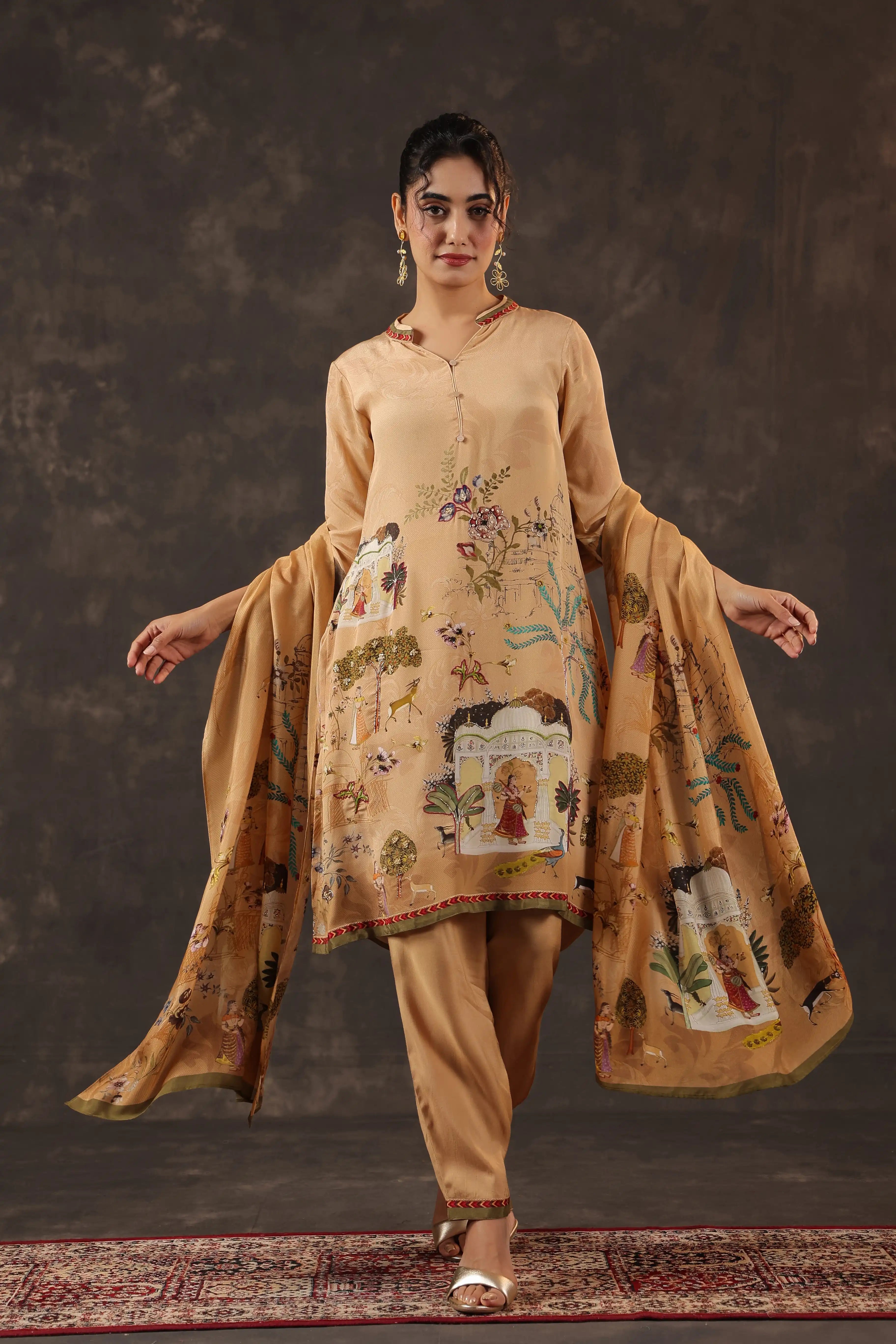 Beige Salwar Kameez Suit Set - Viscose Crepe