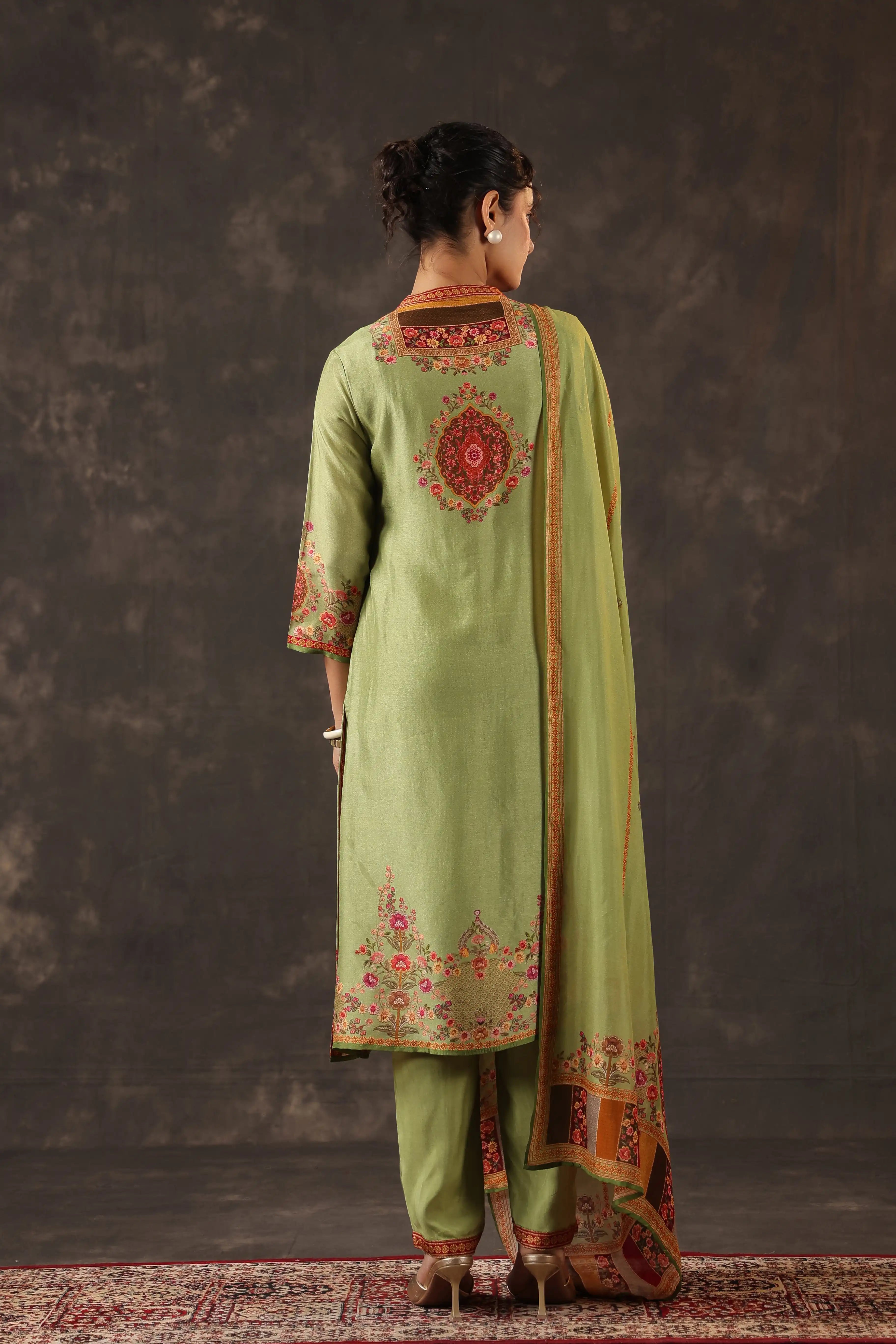 Olive Green & Red Salwar Kameez Suit Set - Russian Silk