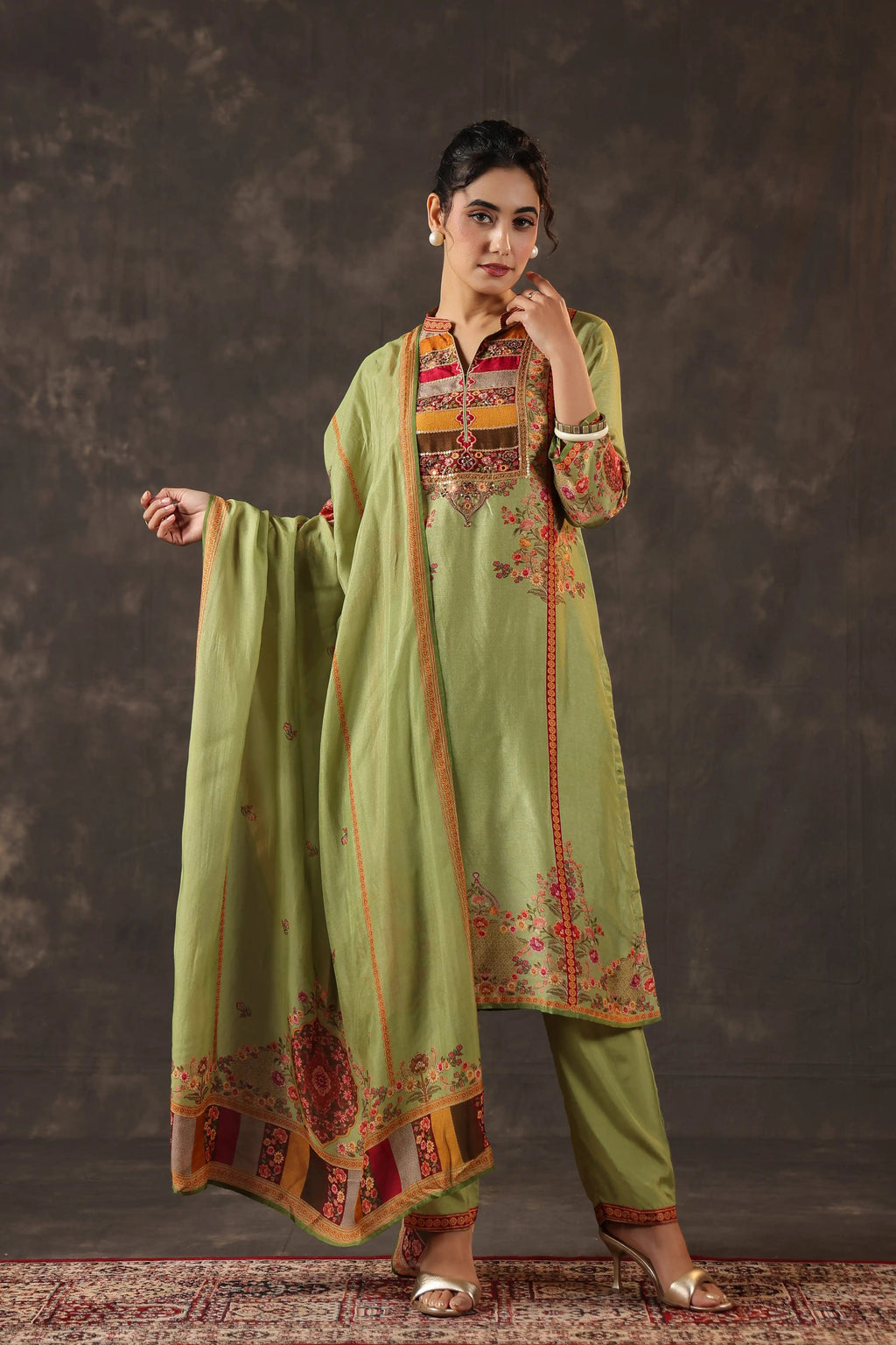Olive Green & Red Salwar Kameez Suit Set - Russian Silk