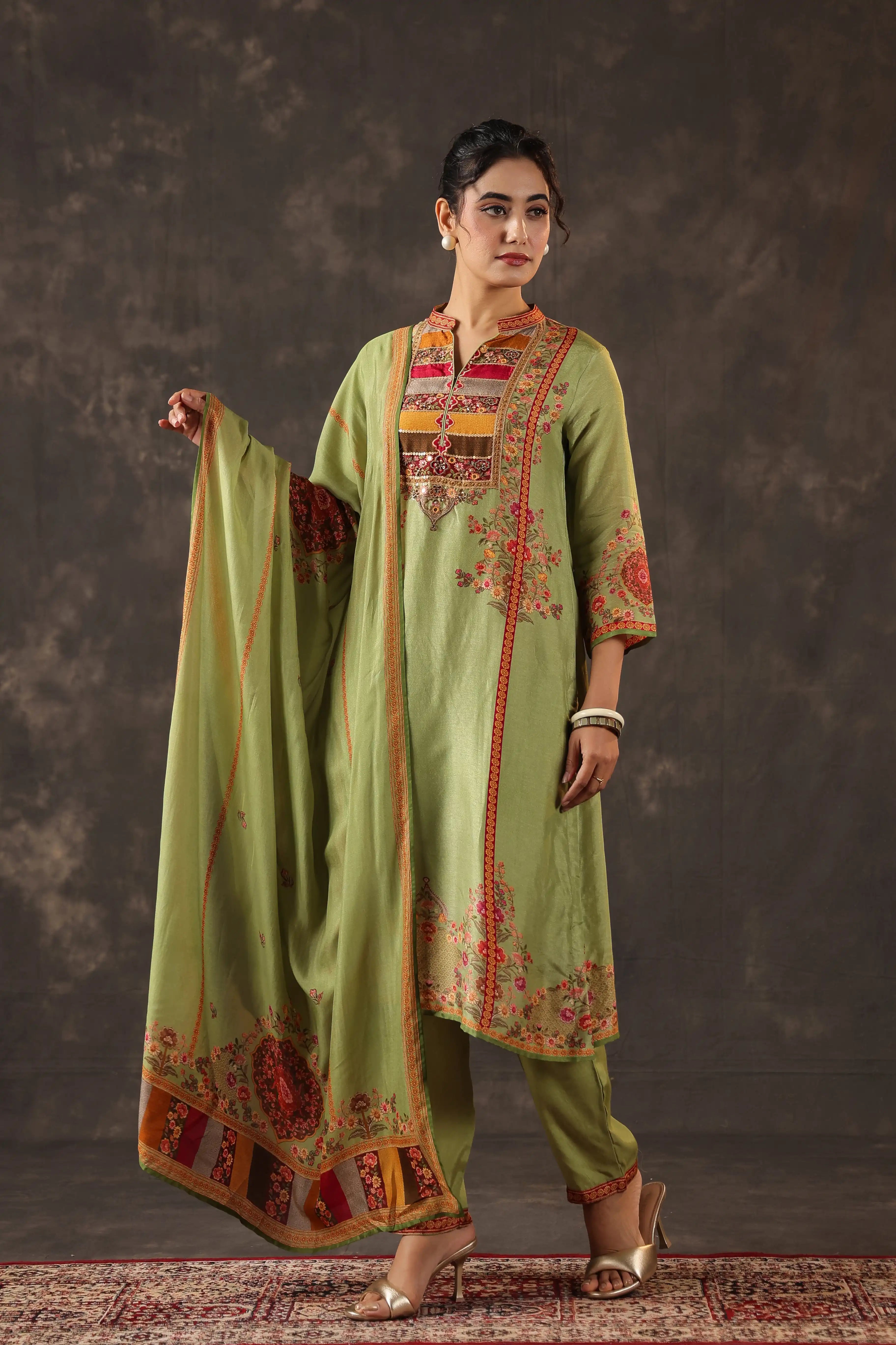 Olive Green & Red Salwar Kameez Suit Set - Russian Silk