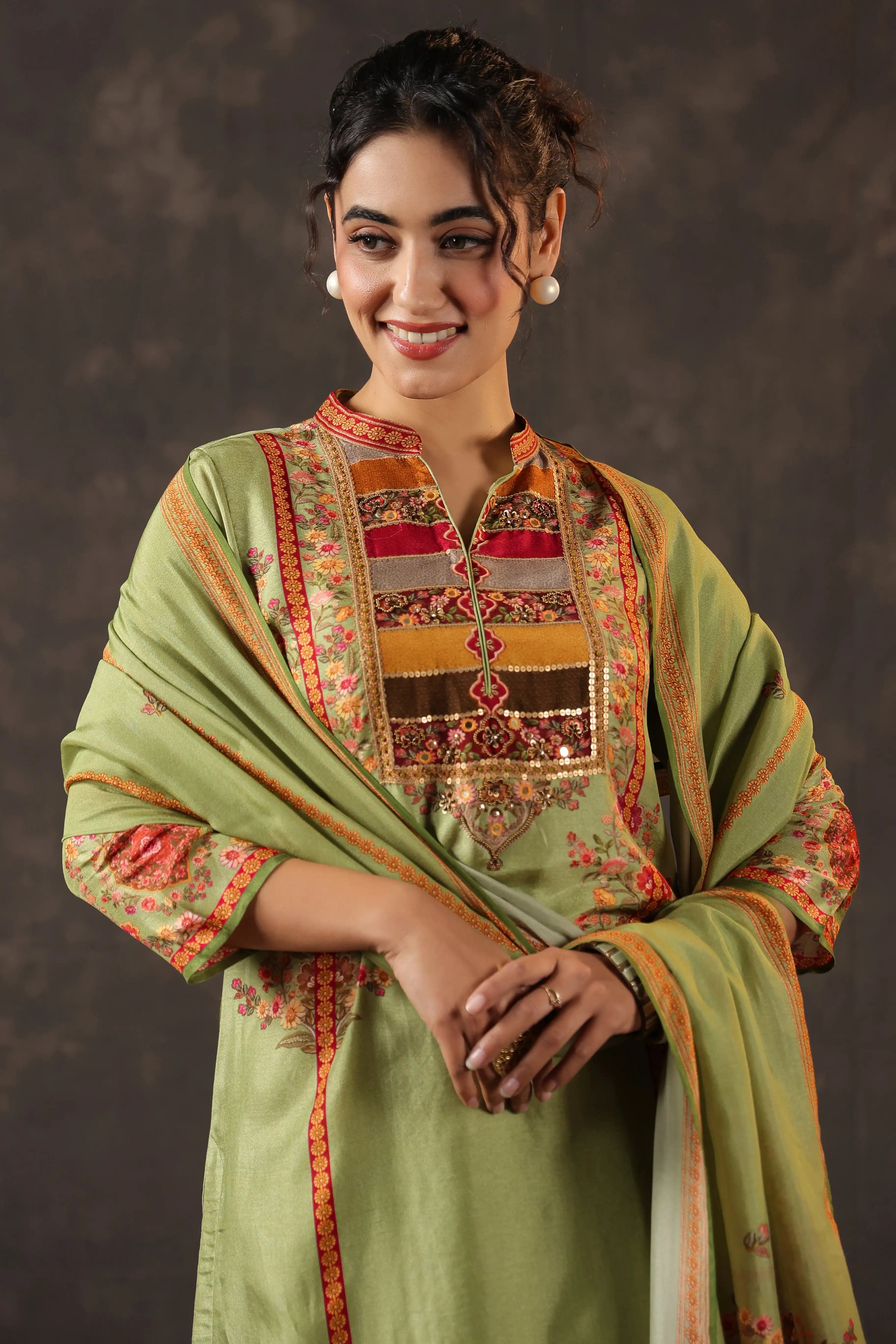 Olive Green & Red Salwar Kameez Suit Set - Russian Silk