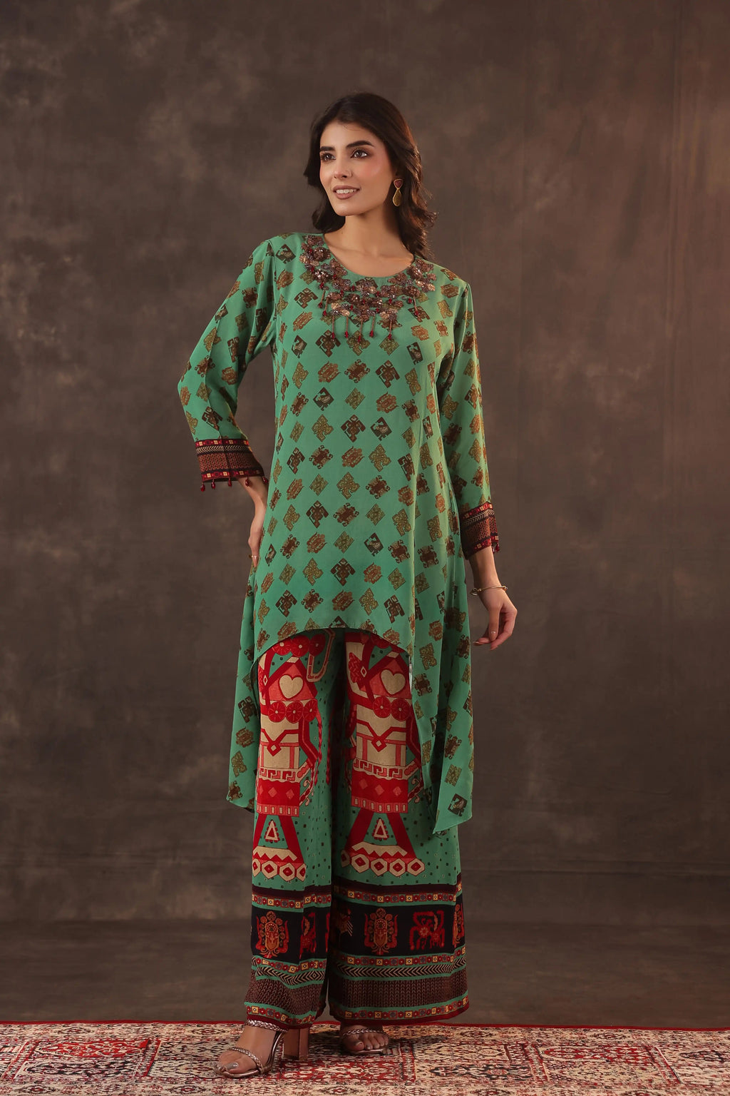 Printed Flayered Top with Straight Pant - Green