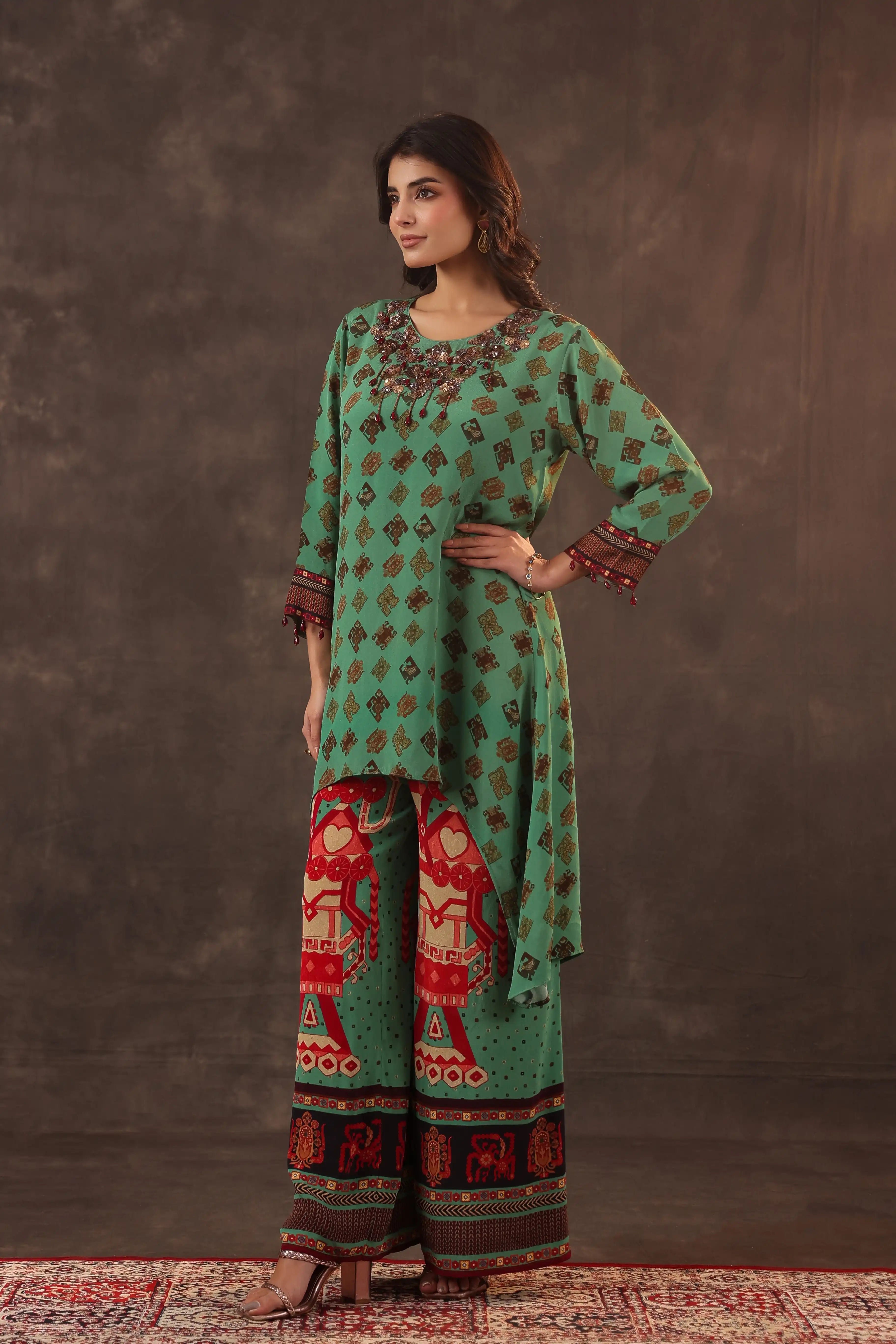 Printed Flayered Top with Straight Pant - Green