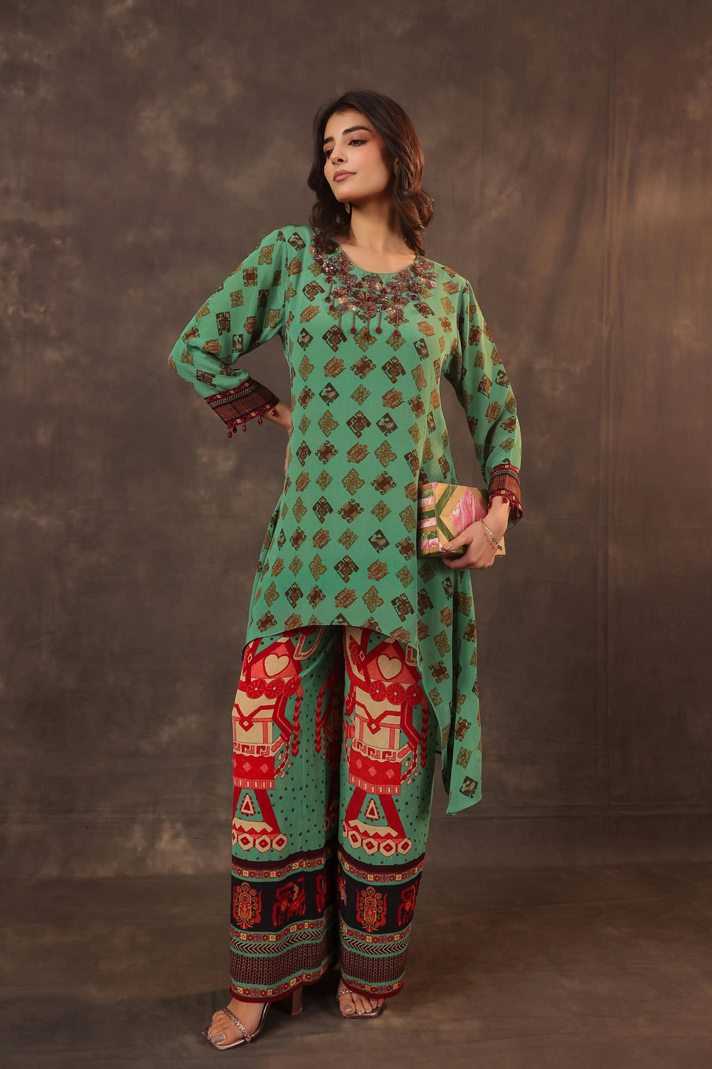 Printed Flayered Top with Straight Pant - Green