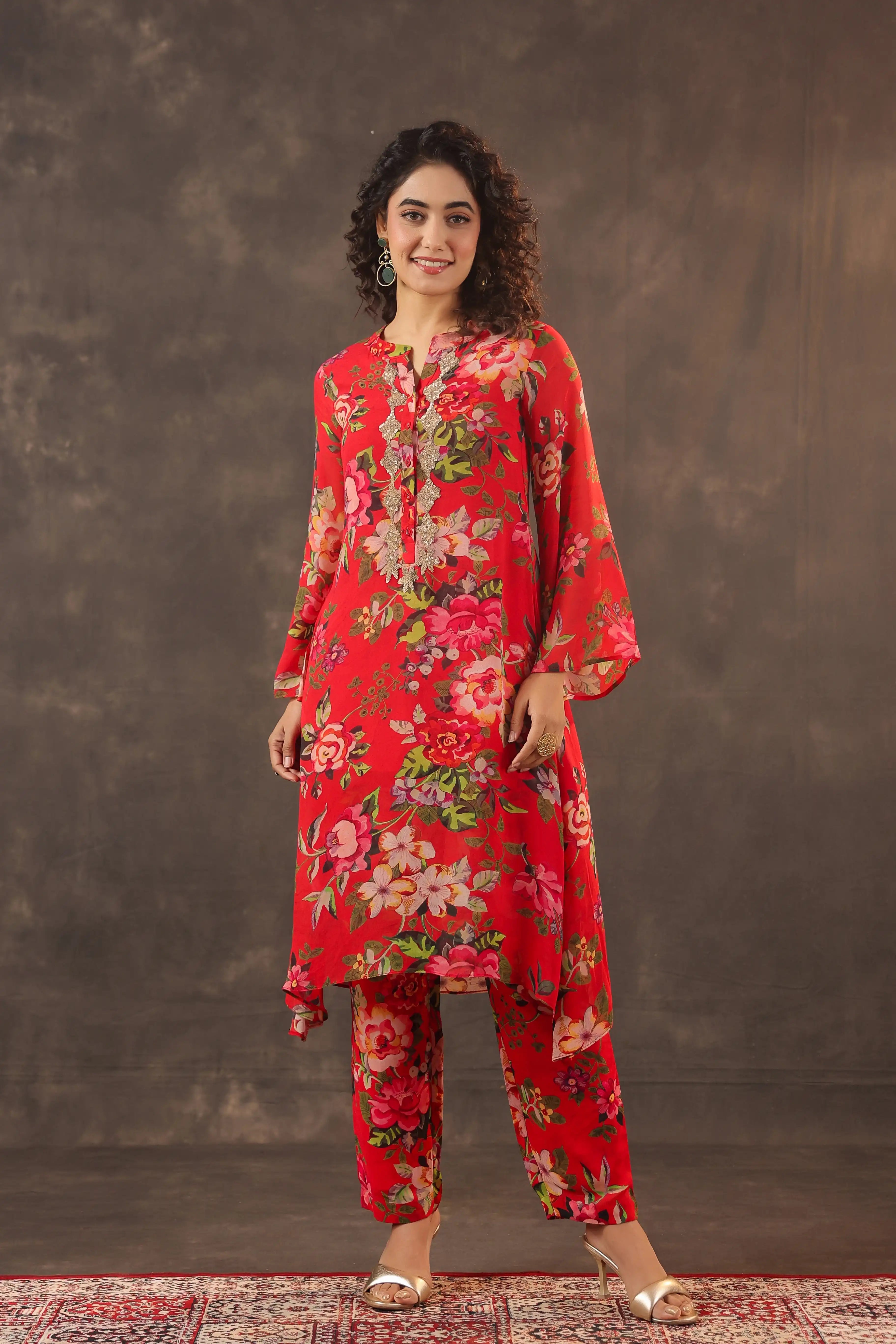 Printed Floral Kurti - Red