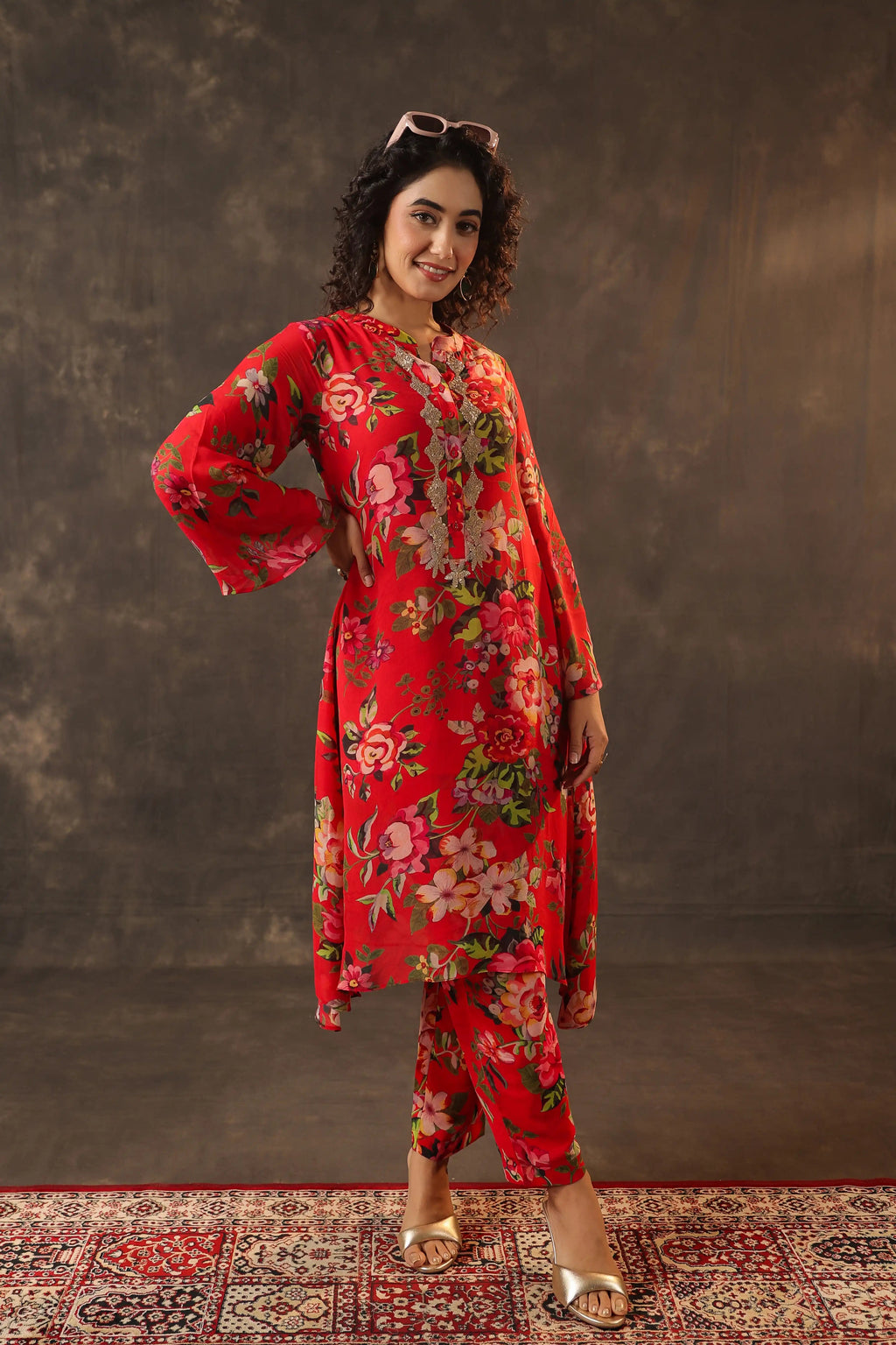 Printed Floral Kurti - Red