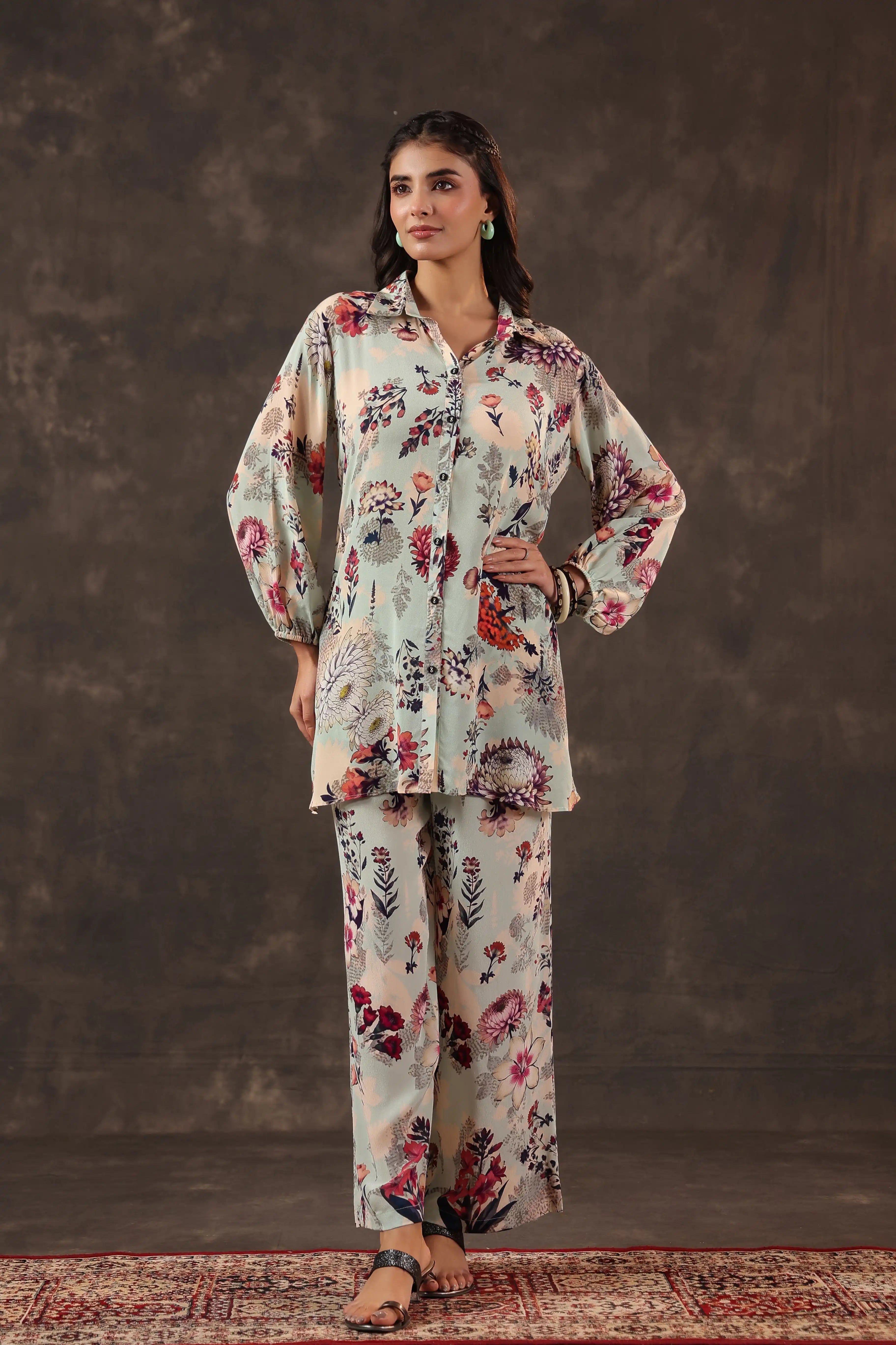 Printed Co-Ord set - Multi - - Multi Material:– Viscose Crepe Top Length :- 32 Inches