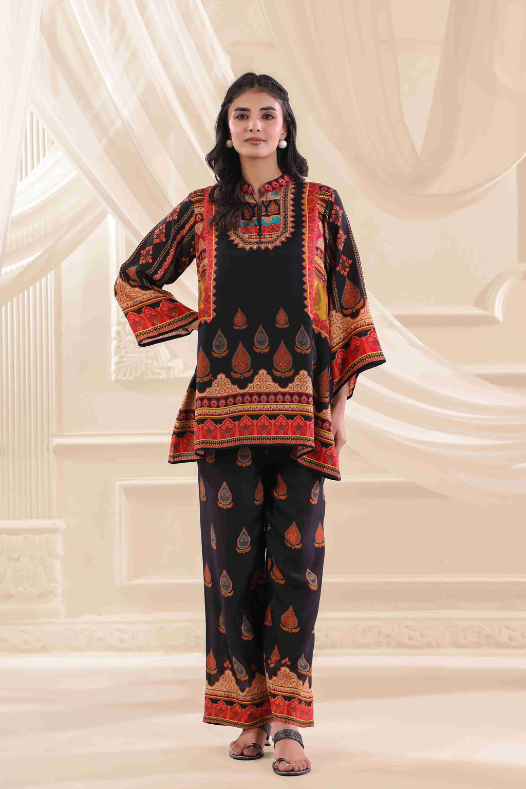 Printed Co-Ord - Multi - - Multi Material: – Dola Silk Top Length :- 32 Inches