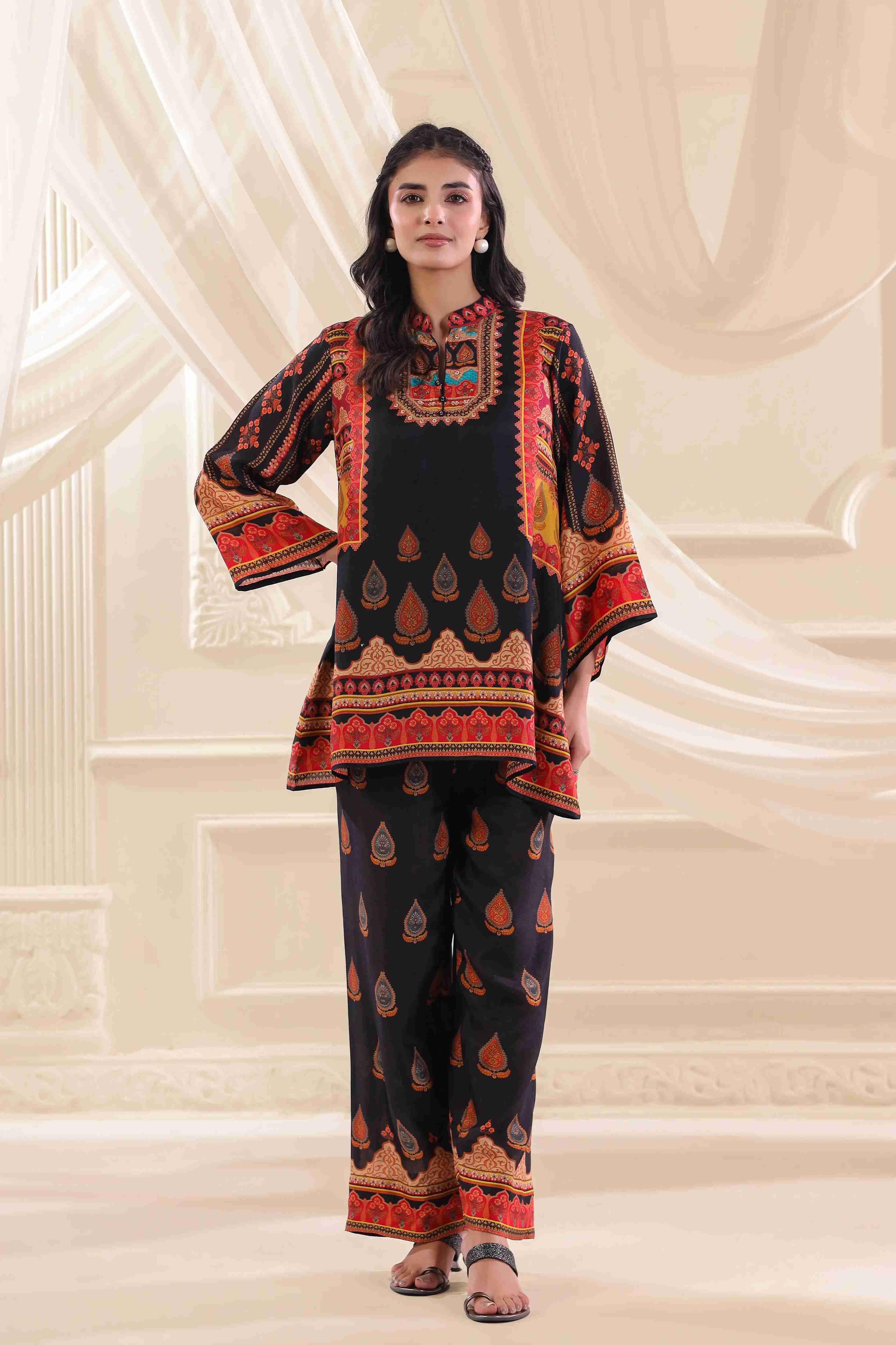 Printed Co-Ord - Multi - - Multi Material: – Dola Silk Top Length :- 32 Inches