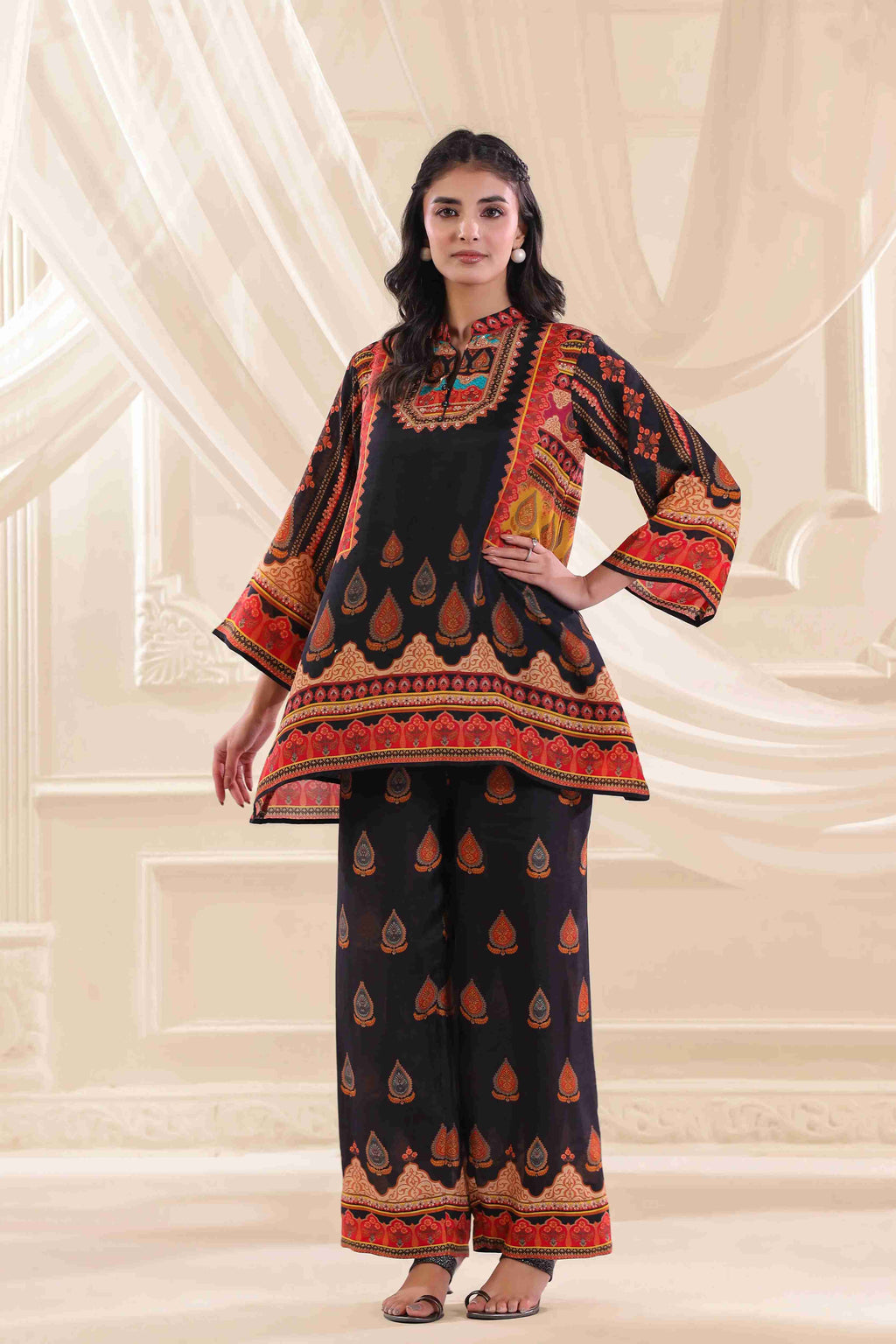 Printed Co-Ord - Multi - - Multi Material: – Dola Silk Top Length :- 32 Inches