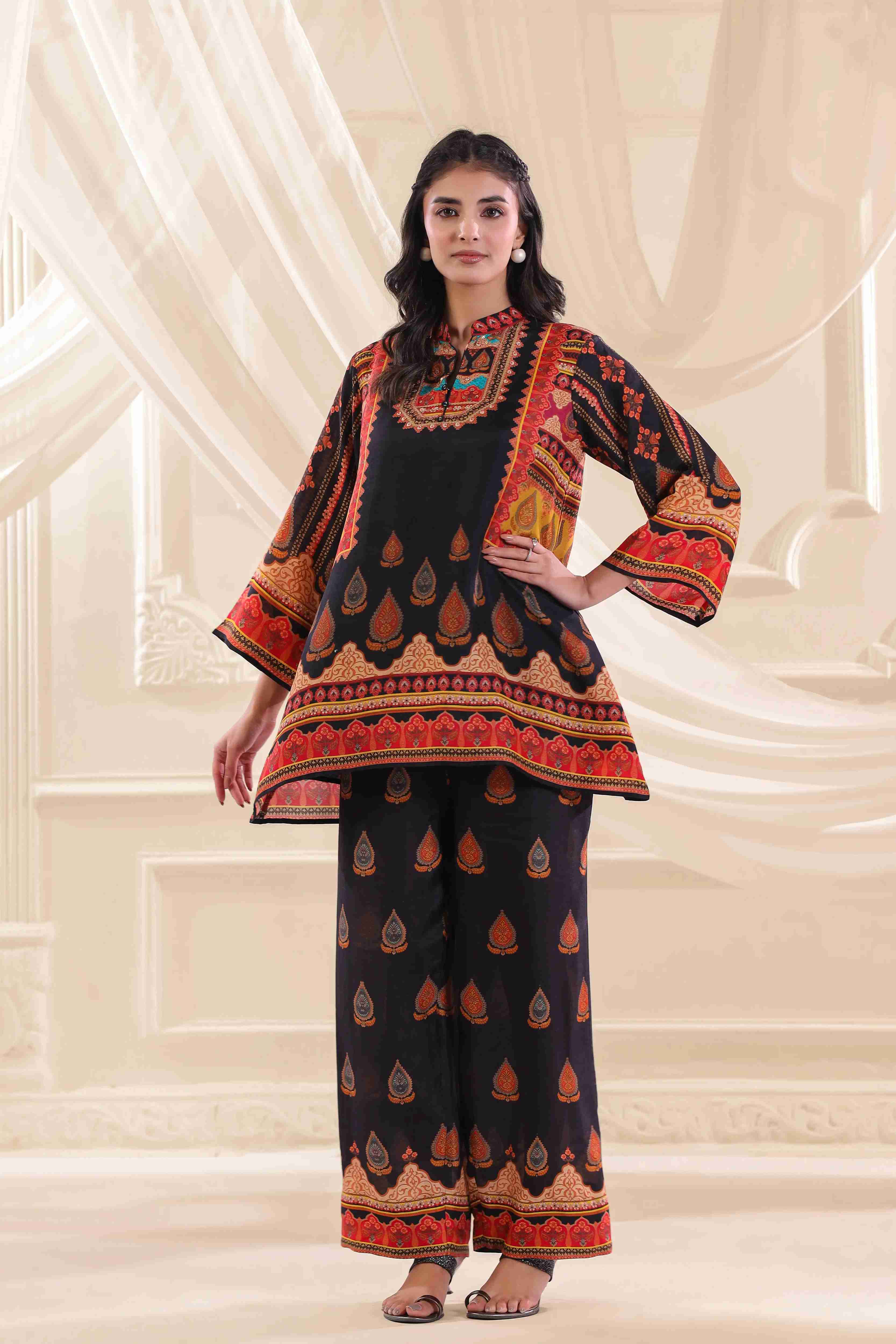 Printed Co-Ord - Multi - - Multi Material: – Dola Silk Top Length :- 32 Inches