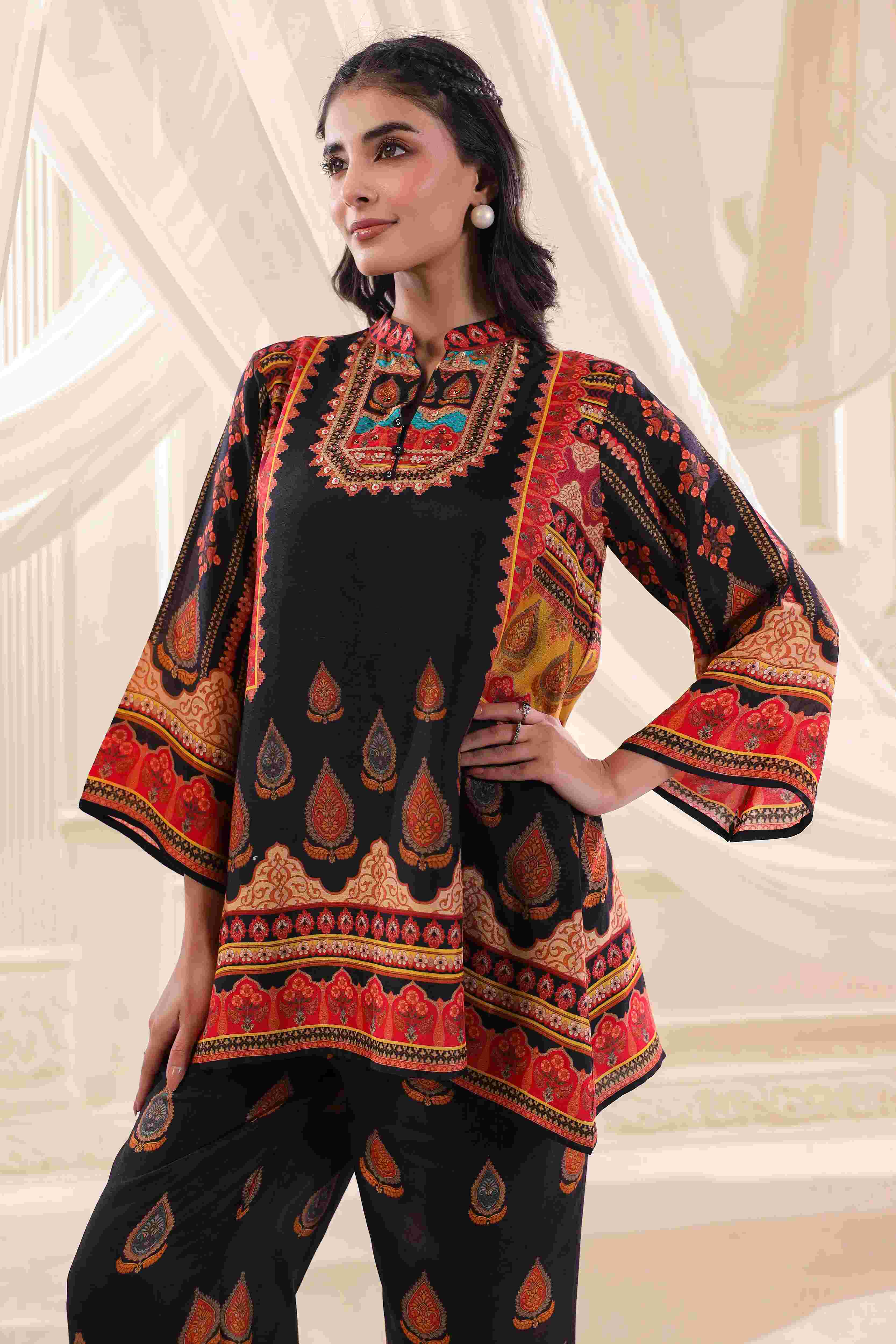 Printed Co-Ord - Multi - - Multi Material: – Dola Silk Top Length :- 32 Inches