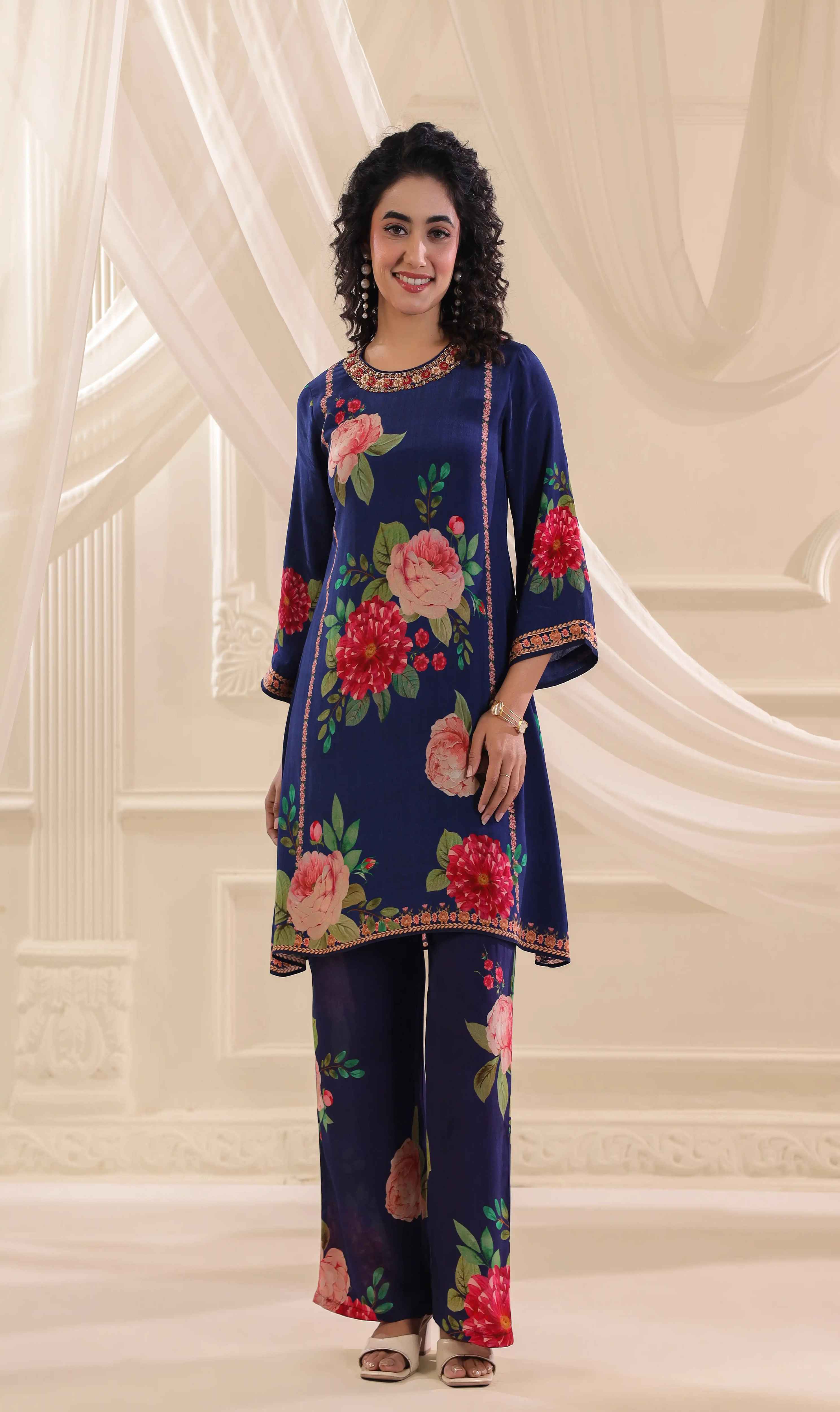 Printed Kurti with Pant - Navy