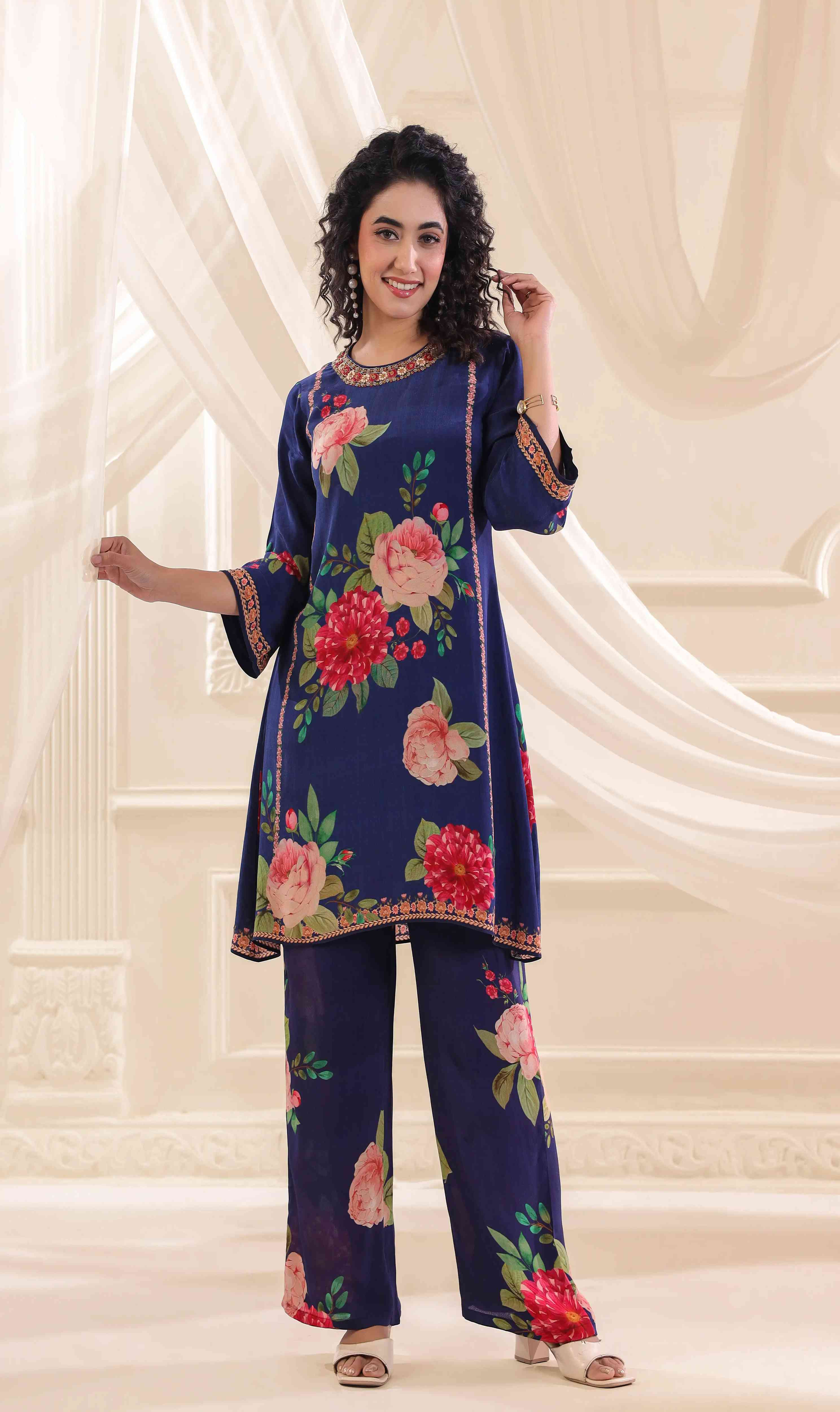 Printed Kurti with Pant - Navy